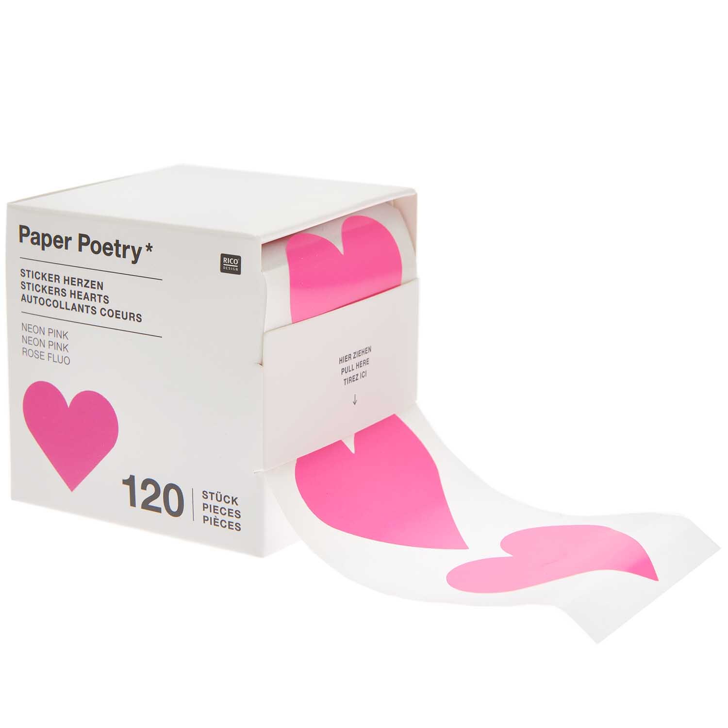 Paper Poetry Sticker Herzen, 120 Stück auf Rolle, in leuchtendem Neonpink von Rico Design.