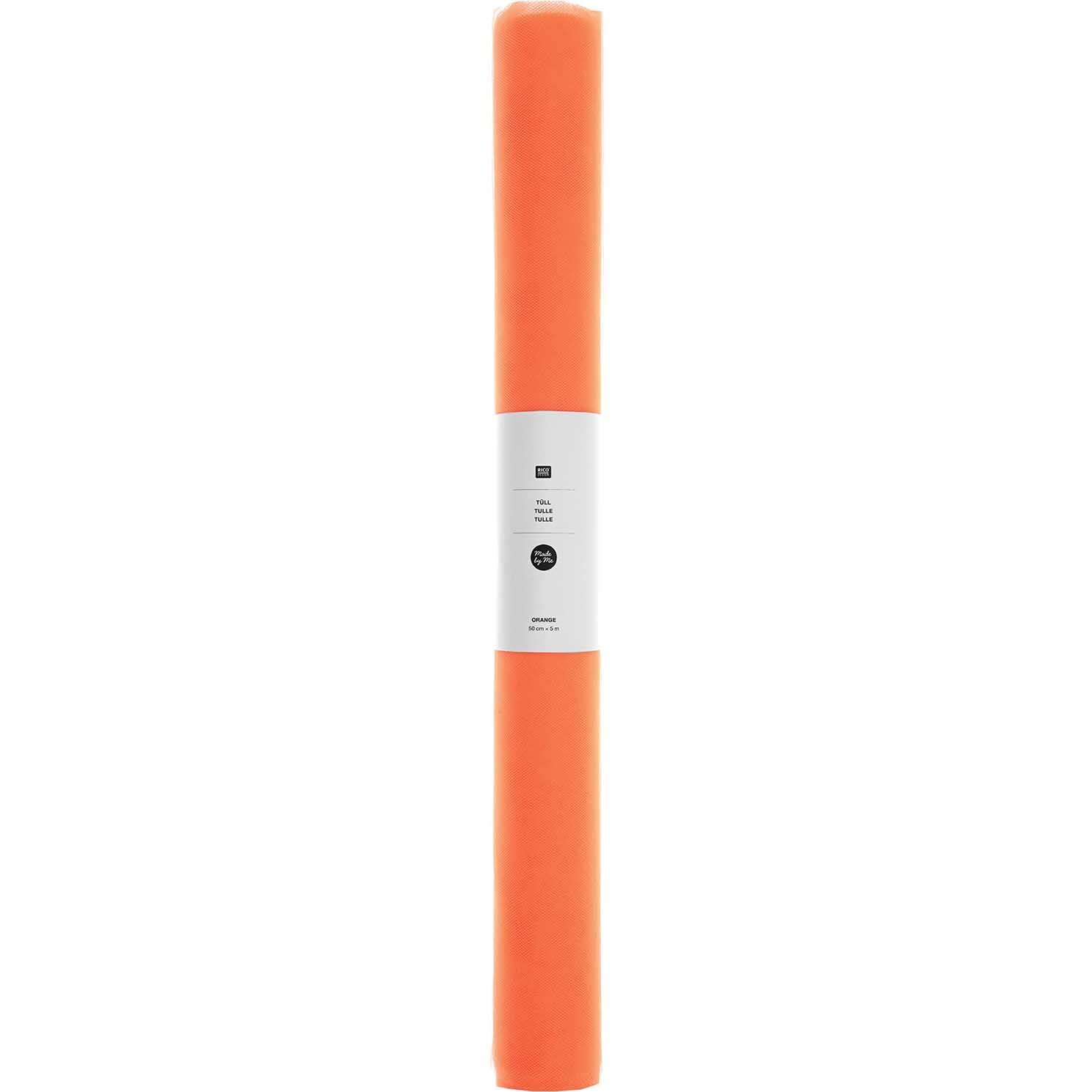 Tüll 50cm 5m von Rico Design in leuchtendem Orange, aufgerollt und bereit für kreative Projekte.