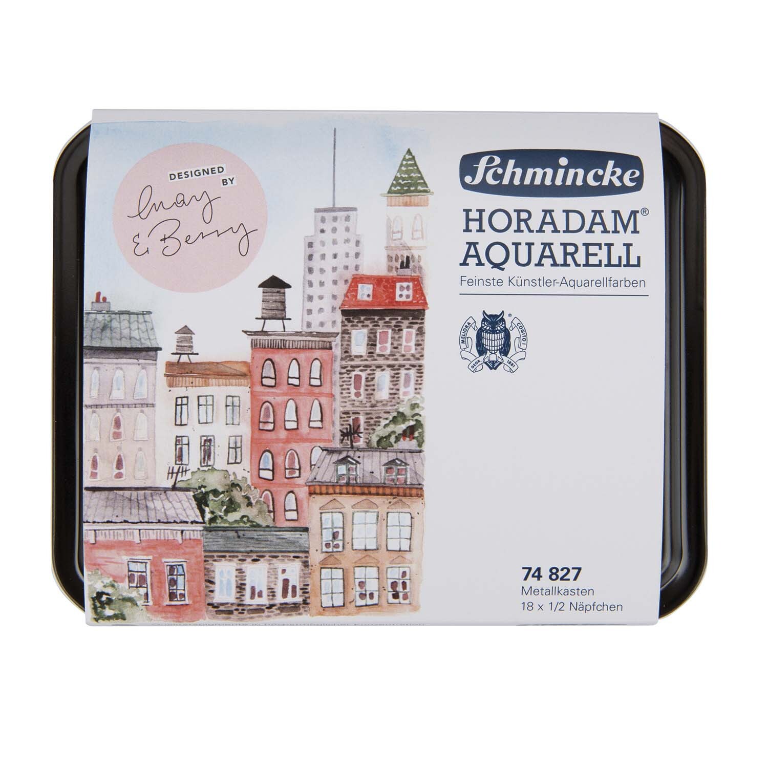 Schmincke Horadam Aquarellkasten mit 18 halben Näpfen, illustriert mit bunten Stadthäusern. Designed by May&Berry.