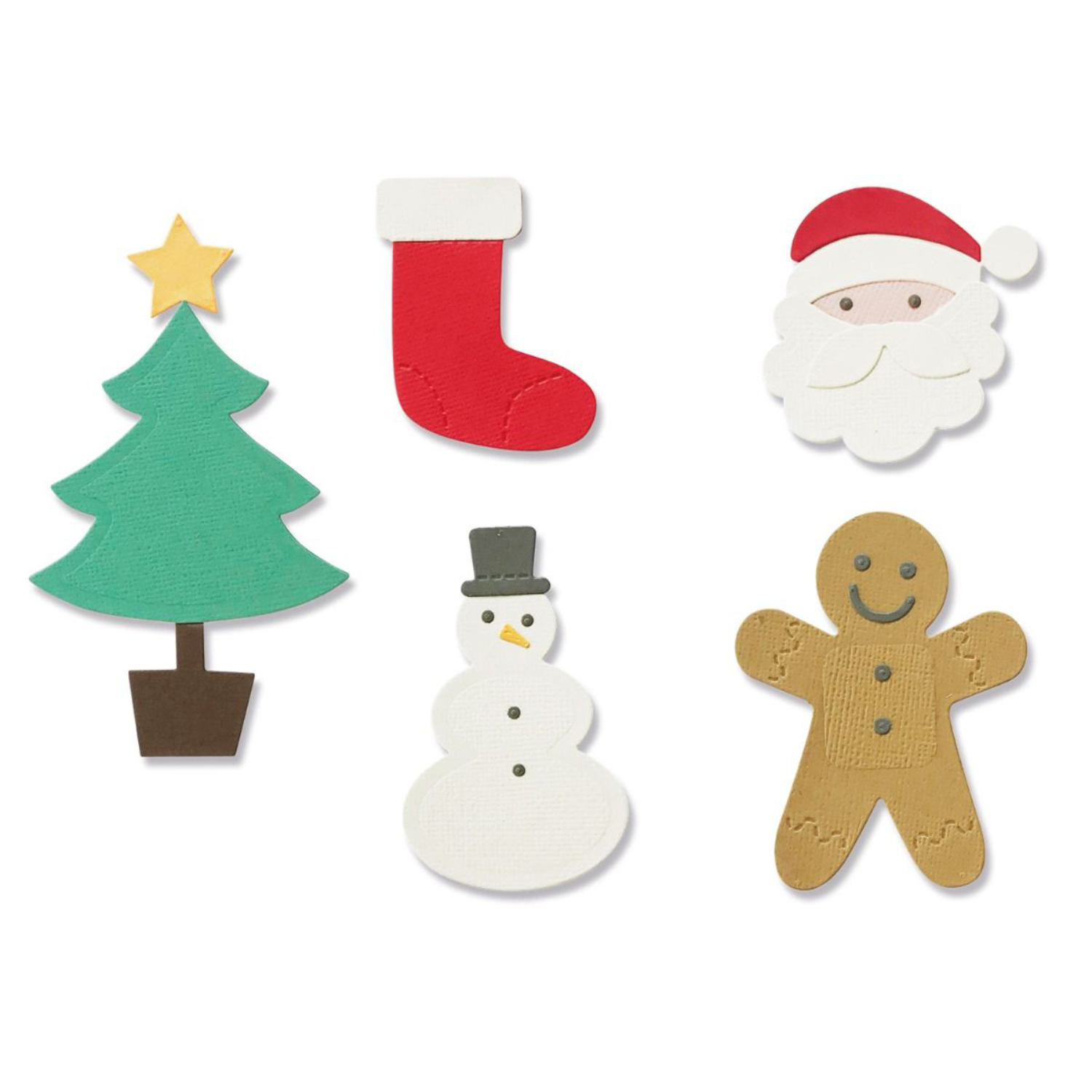 Sizzix Thinlits Die Set 13 Basic Xmas Shapes von D. Potter zeigt bunte Weihnachtsformen: grüner Baum, roter Stiefel, Schneemann, Lebkuchenmann und Weihnachtsmann. Ideal für kreative Projekte.