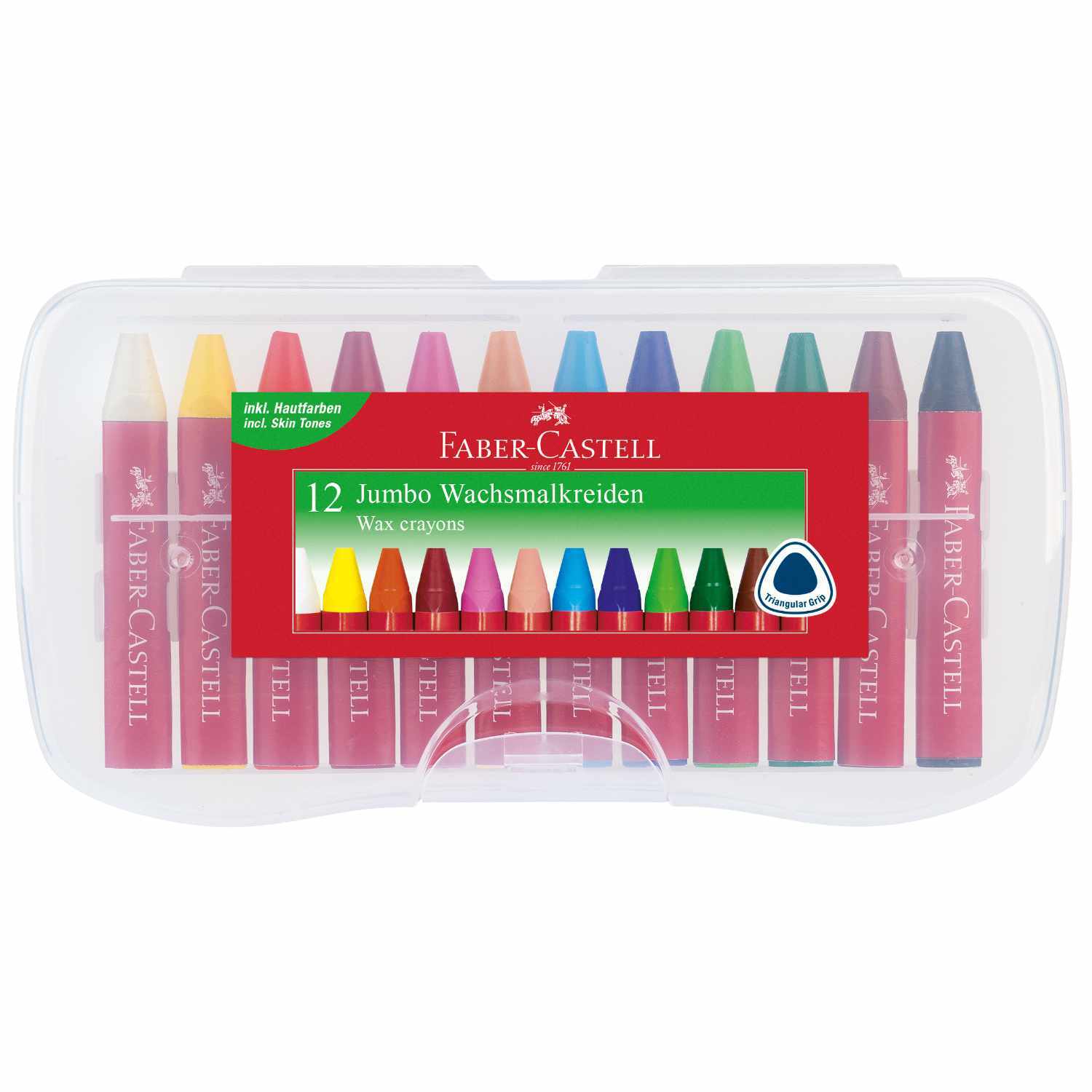 Wachsmalkreide Jumbo Box, 12-teilig, in einer transparenten Box mit verschiedenen Farben von Faber Castell.