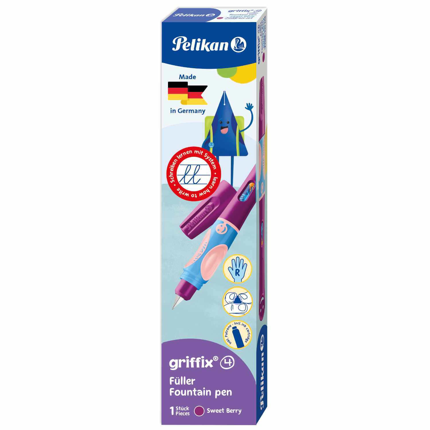 griffix® Füller für Rechtshänder in Sweet Berry von Pelikan, abgebildet in einer bunten Verpackung.