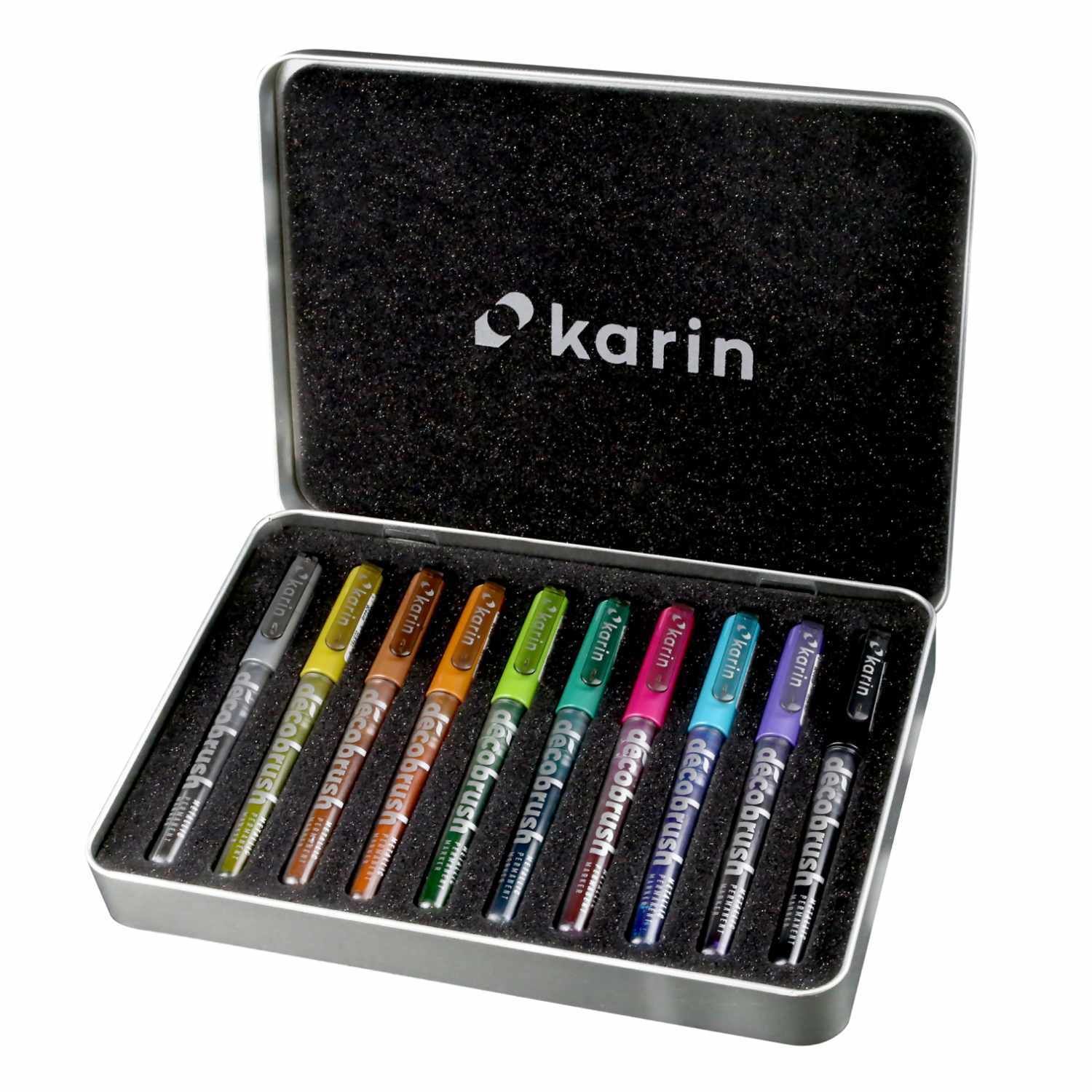 Deco Brush Metallic Marker Set in Metall-Box mit 10 leuchtenden Farben von Karin, ideal für kreative Projekte.