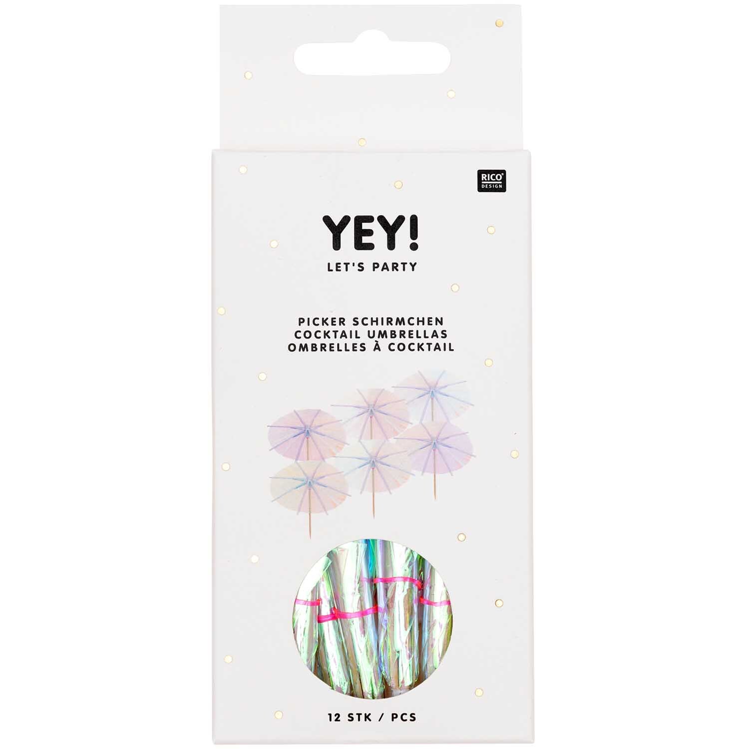 Picker Schirmchen irisierend 8,3cm 12 Stück von Rico Design in Verpackung mit pastellfarbenen Cocktail-Schirmchen.
