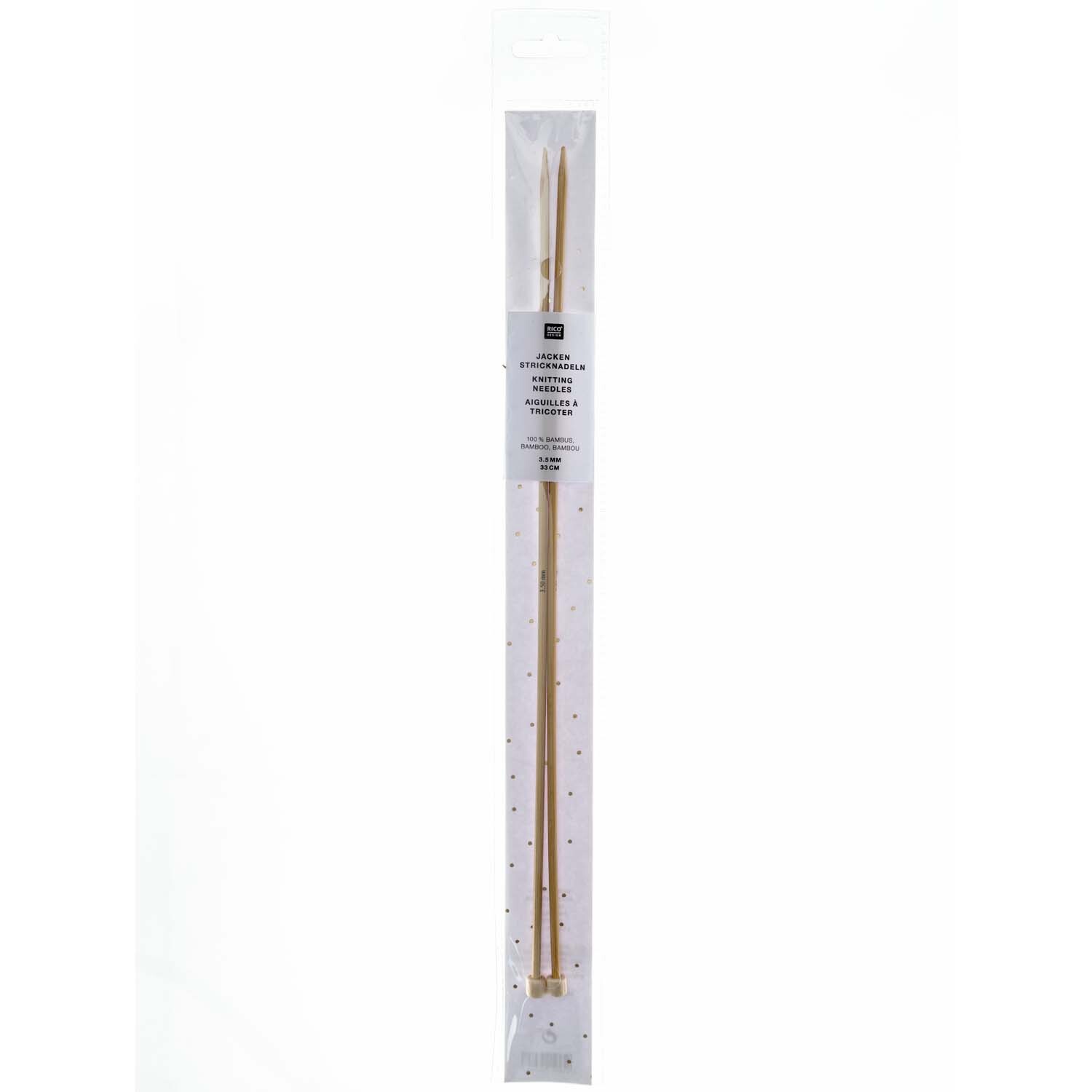 Jackenstricknadeln 33cm Bambus von Rico Design in einer transparenten Verpackung, ideal für Strickprojekte.