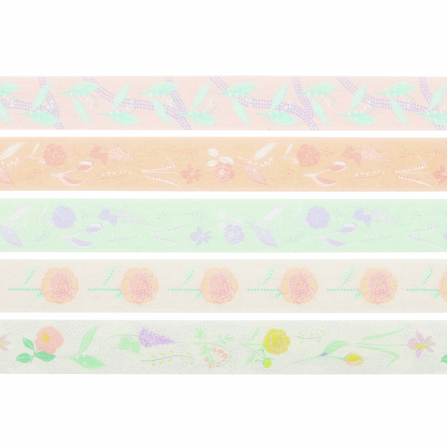 Tape Set Blumen pastell 5 Stück mit floralen Mustern in zarten Farben, 1,5cmx10m, ideal für kreative Projekte.