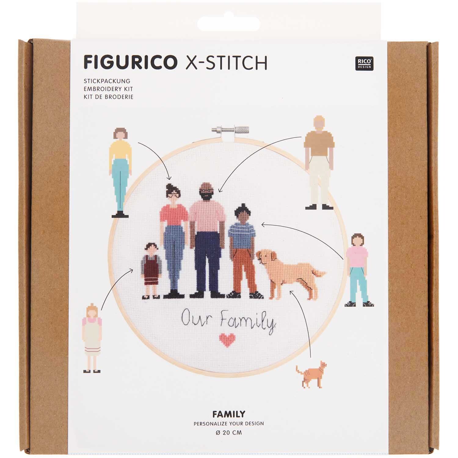 Figurico Stickpackung Family 20cm zeigt ein Stickset mit Familienmotiv und Hund, ideal für kreative Projekte.