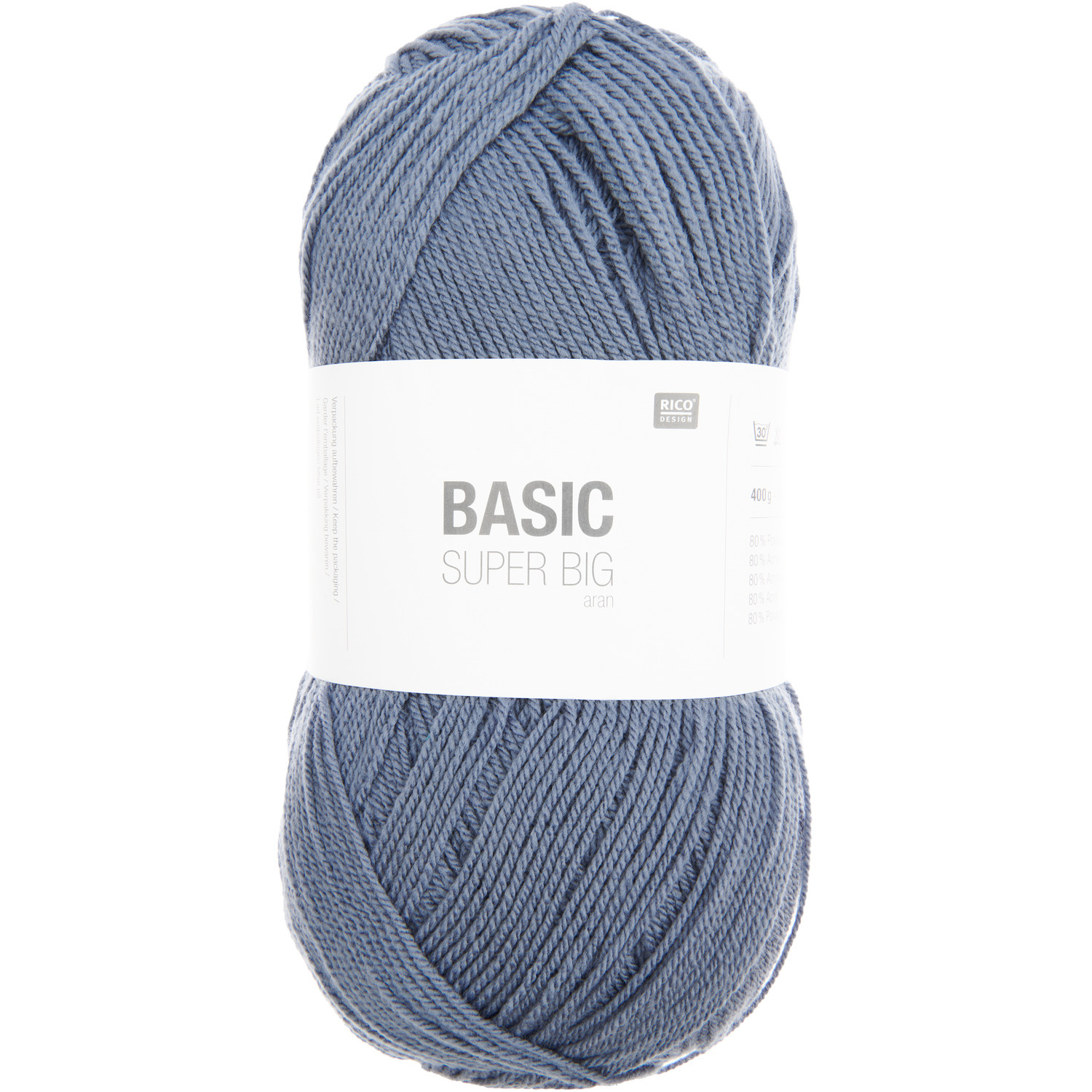 Basic Super Big aran, Rico Design: Mittelblaues Garnknäuel, 400g 880m, ideal für Strickprojekte.