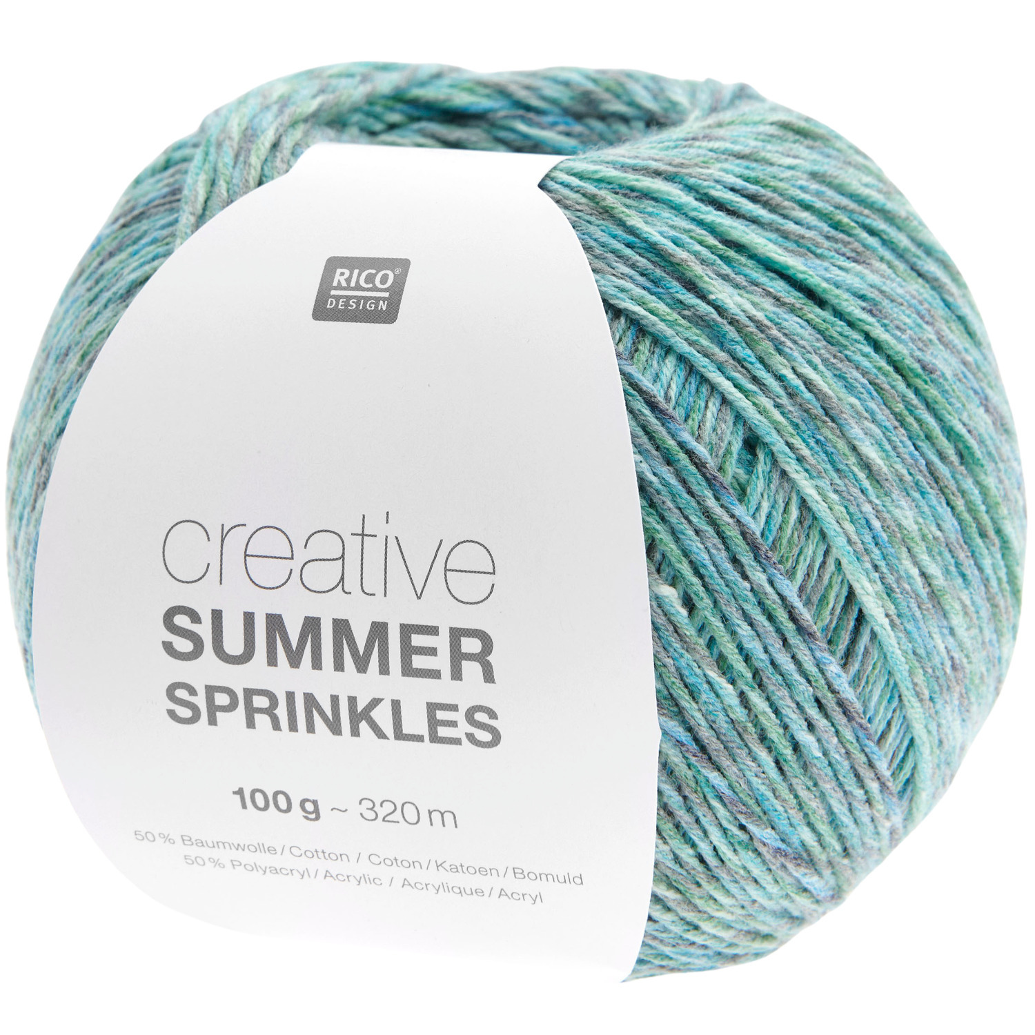 Creative Summer Sprinkles: Strickgarn in Ozeanblau von Rico Design, 100g, 320m, ideal für sommerliche Strickprojekte.