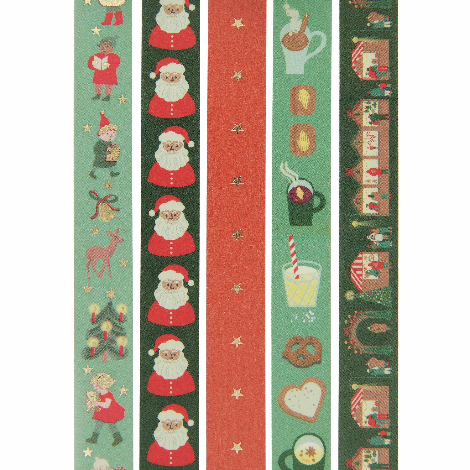 Paper Poetry Tape Set Weihnachtsmarkt Classic, 5-teilig, mit weihnachtlichen Motiven in Rot und Grün, ideal für festliche Dekorationen und Bastelprojekte.