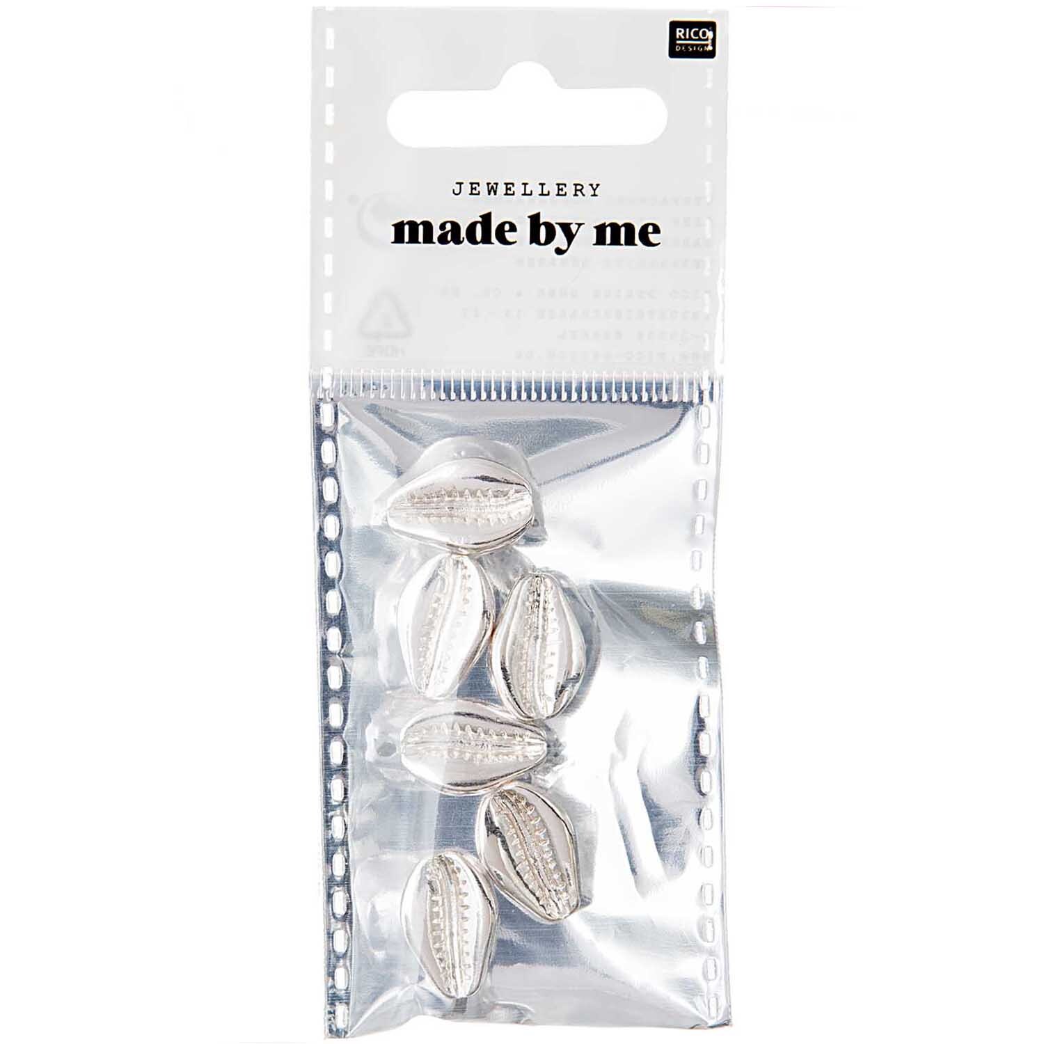 Muscheln mit Bohrung 6 Stück in Silber von Rico Design, verpackt in einer transparenten Tüte.