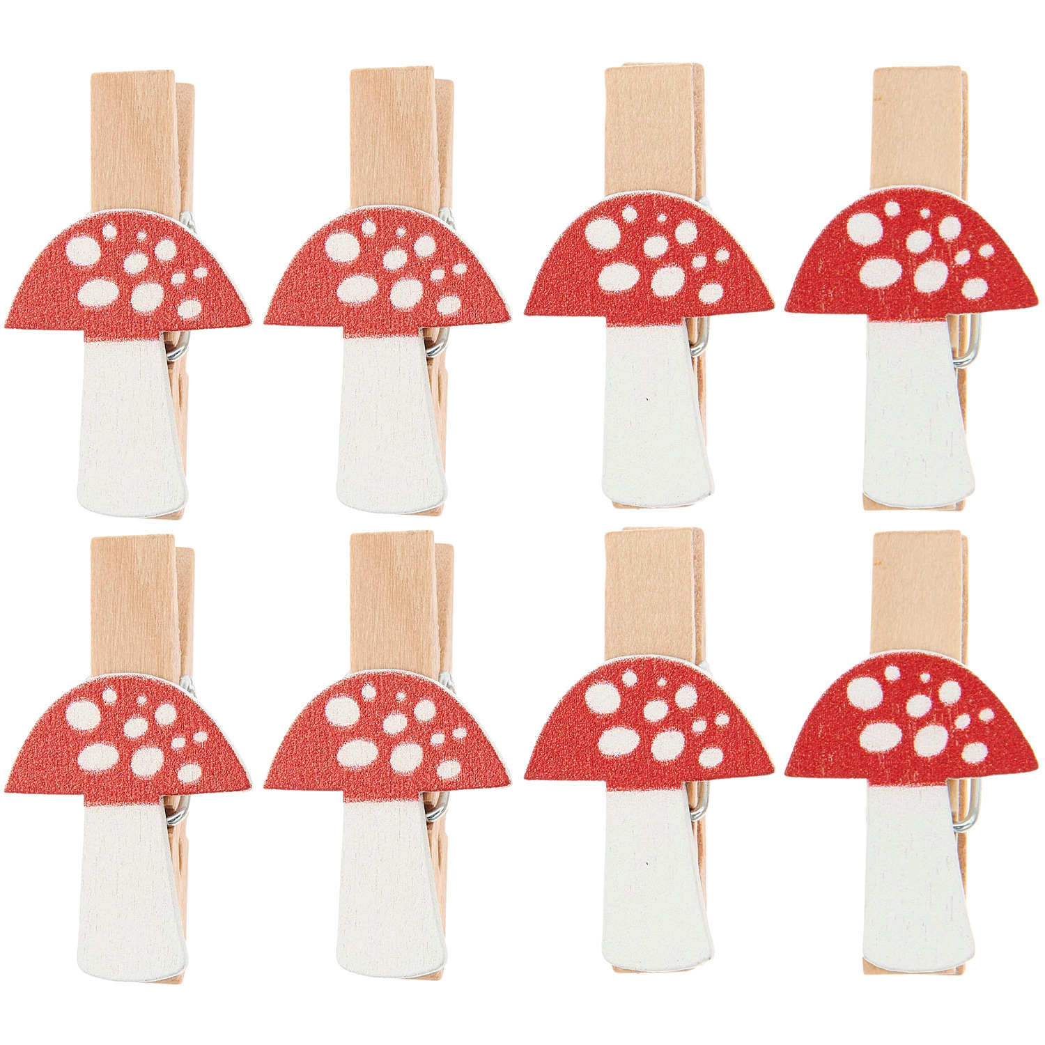 Holzclips Fliegenpilz, 8 Stück, 20x35mm, dekorative Clips in Pilzform, ideal für Bastelprojekte.