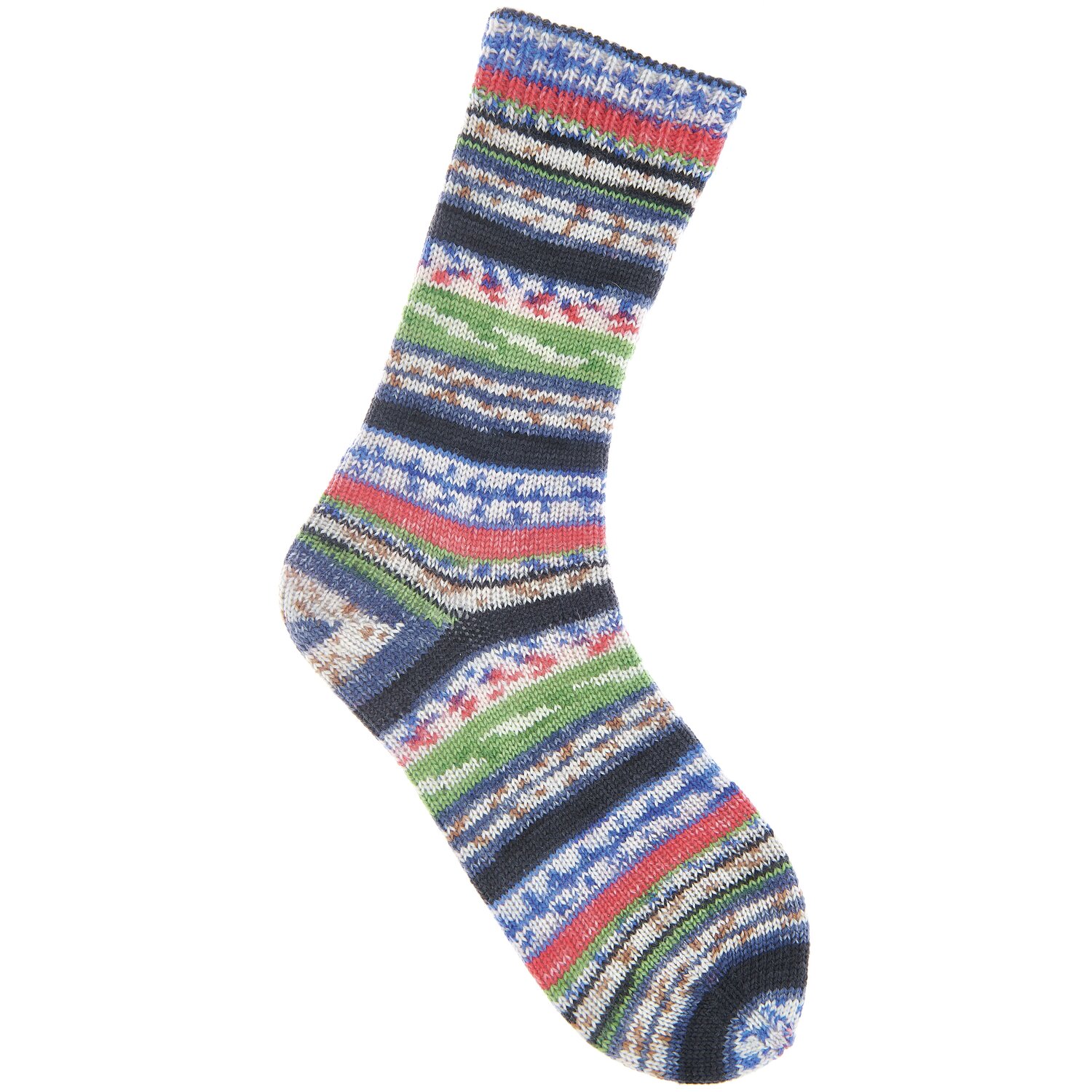 Superba Fair Isle 4-fädig Socke in Blau-Grün mit buntem Streifenmuster, gestrickt aus Rico Design Garn.