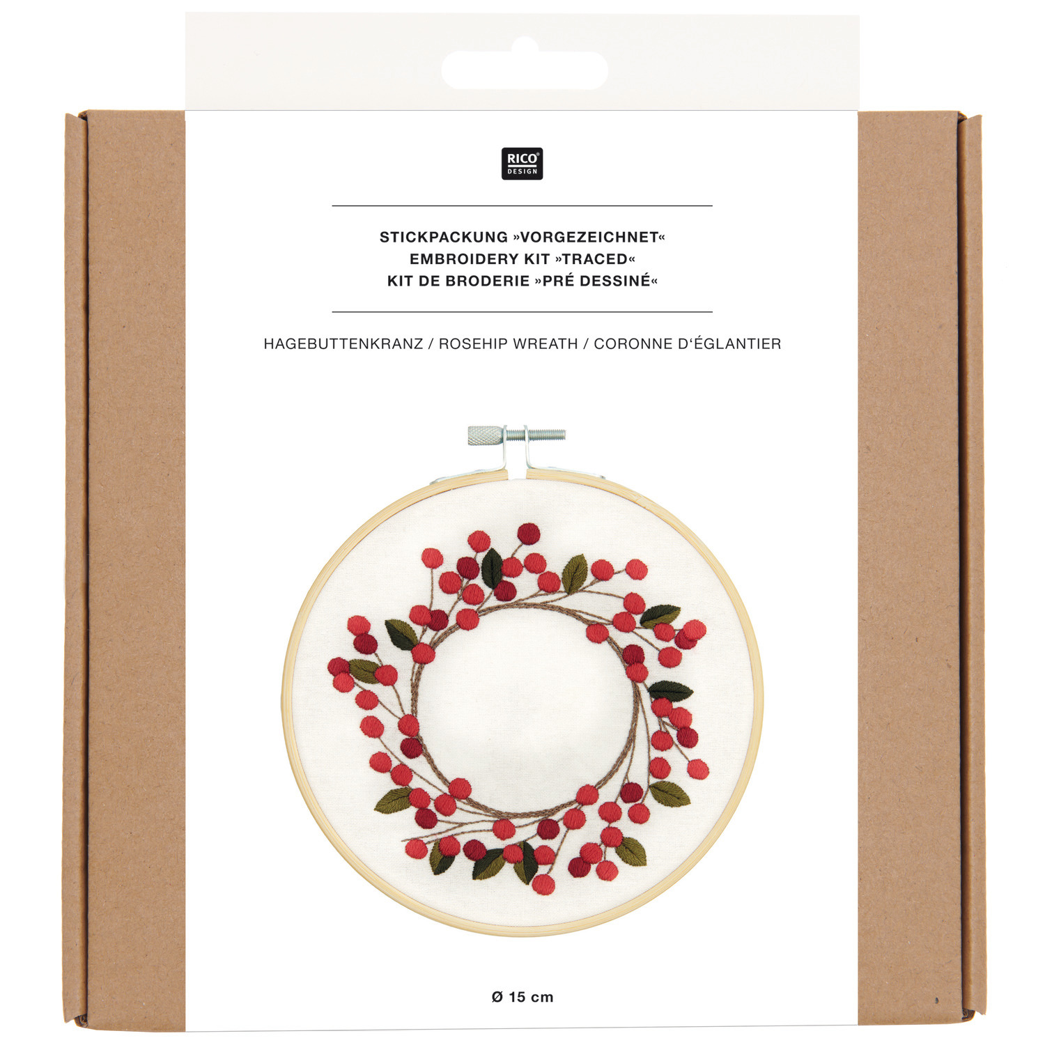 Stickpackung Hagebuttenkranz Bild vorgezeichnet Ø 15cm von Rico Design