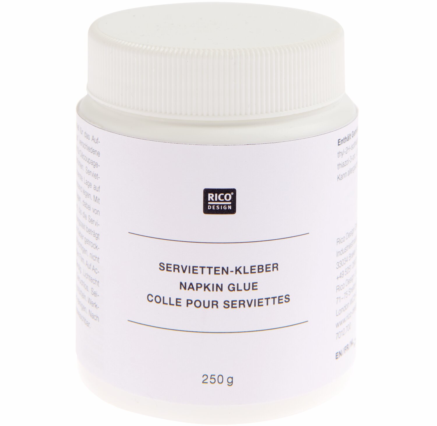 Serviettenkleber 250g von Rico Design in weißer Dose. Ideal für kreative Bastelprojekte.