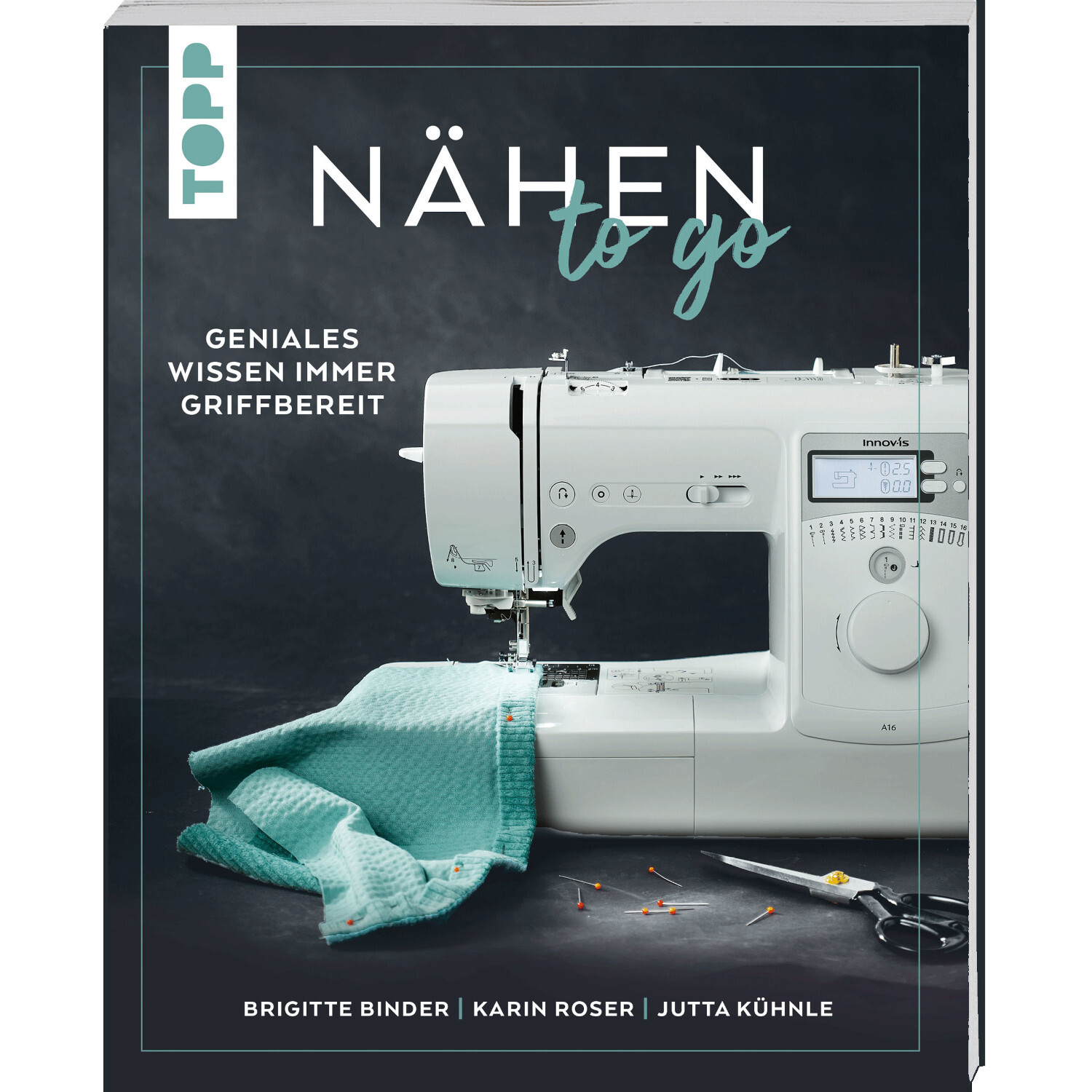 Nähen to go: Buchcover mit Nähmaschine, Stoff und Nähzubehör. Marke: TOPP.