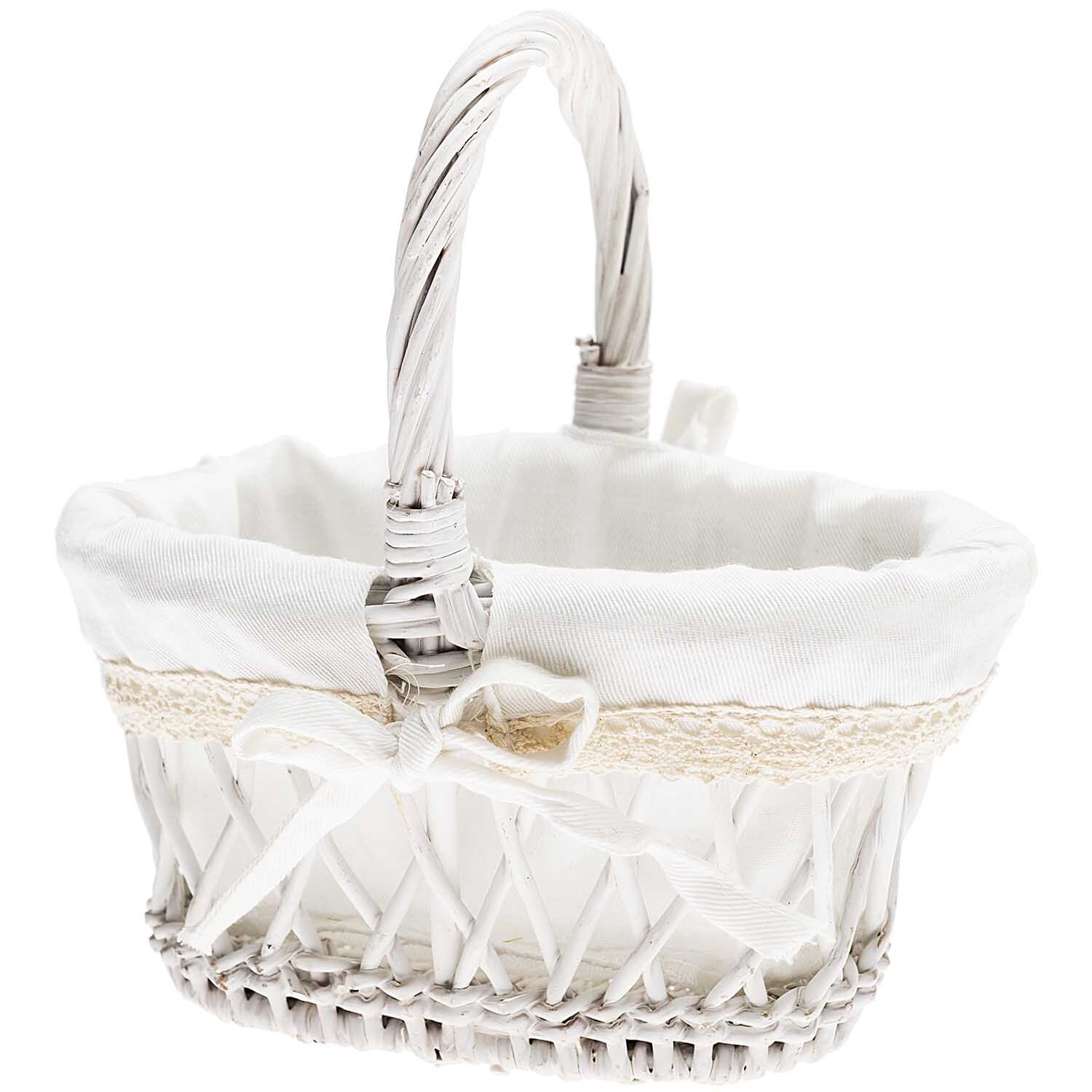 Körbchen weiß 19cm: Elegantes, weißes Flechtkörbchen mit Henkel und Schleife, ideal für Dekorationen.