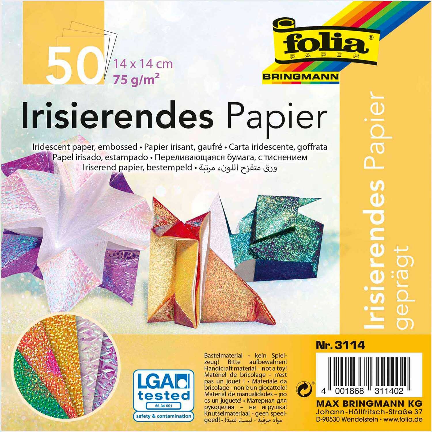 Faltblätter irisierend 14x14cm 50 Blatt von folia, zeigt bunte, geprägte Papierblätter in verschiedenen Farben.