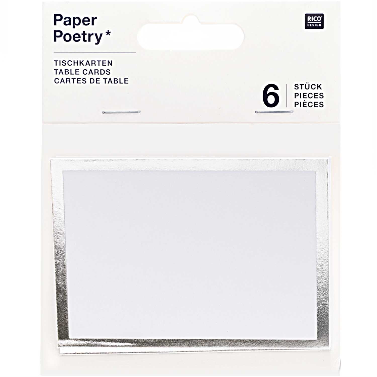 Paper Poetry Tischkarten mit silbernem Rand, 6 Stück von Rico Design, ideal für elegante Anlässe.