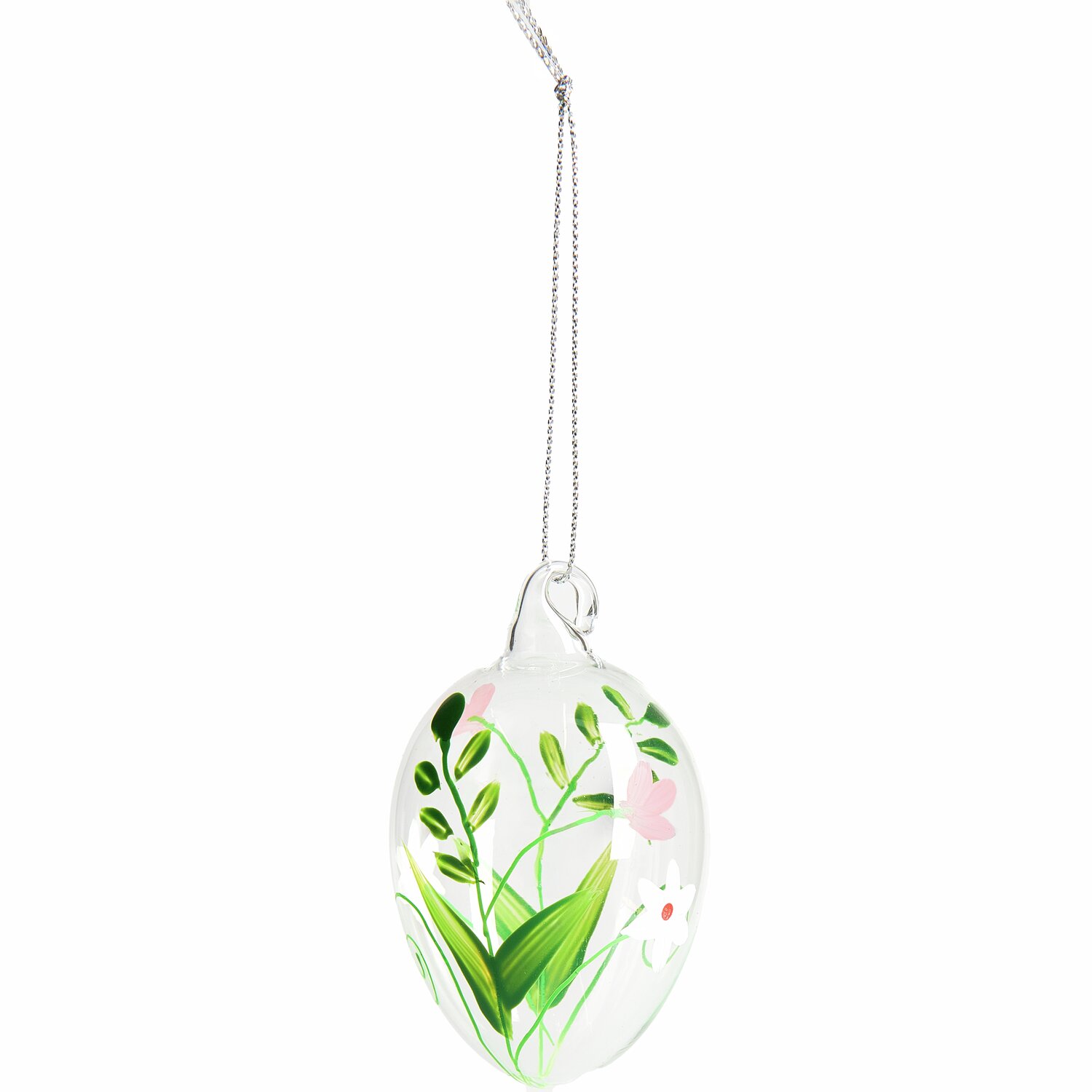 Glas Eier Erdbeeren/Marienkäfer 4 Stück: Transparentes Ei mit grünem Blattmuster, hängend an silbernem Faden. Ideal für Frühlingsdekoration.