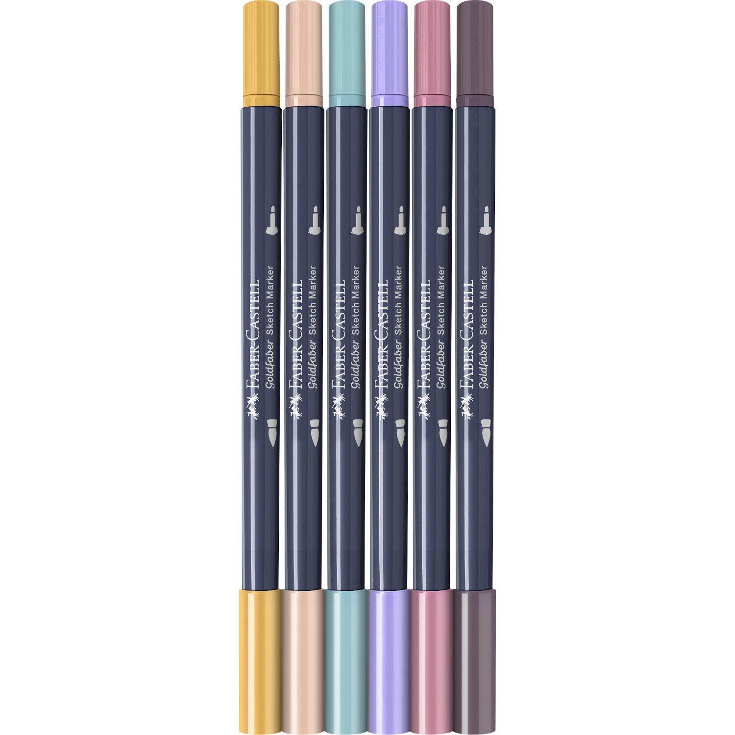 Goldfaber Sketch Marker Fashion Set 6 Stück von Faber Castell mit sechs zweifarbigen Markern in Pastelltönen auf weißem Hintergrund.