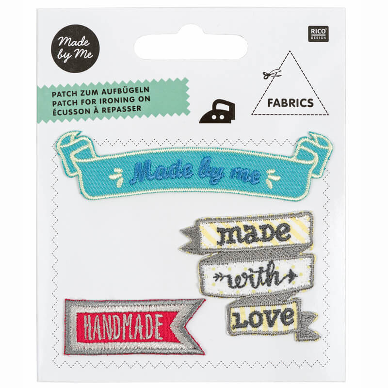 Patches Etikett zum Aufbügeln, 3-teilig, zeigt bunte Aufnäher mit Schriftzügen "Made by me" und "Handmade".