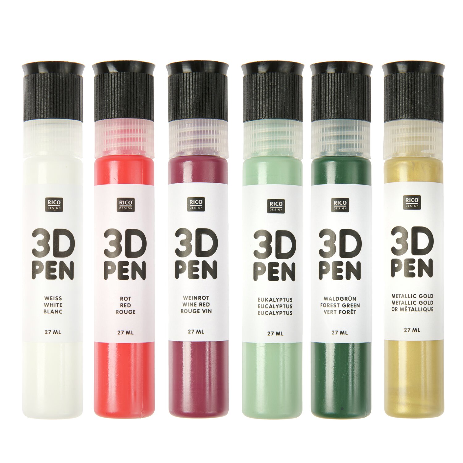 3D Pen - Set Weihnachten, Rico Design, 6x27ml, Acrylfarben-Sortiment mit Weiß, Rot, Dunkelrot, Eukalyptusgrün, Waldgrün und Metallicgold für kreative 3D-Dekorationen