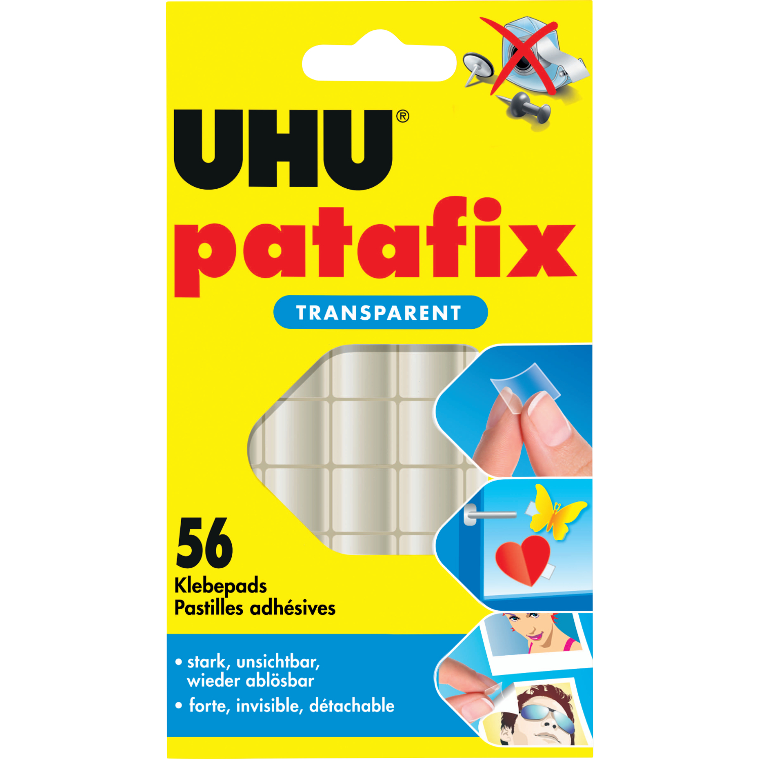 patafix transparent 56 Klebepads von UHU in gelber Verpackung mit Bildern zur Anwendung.