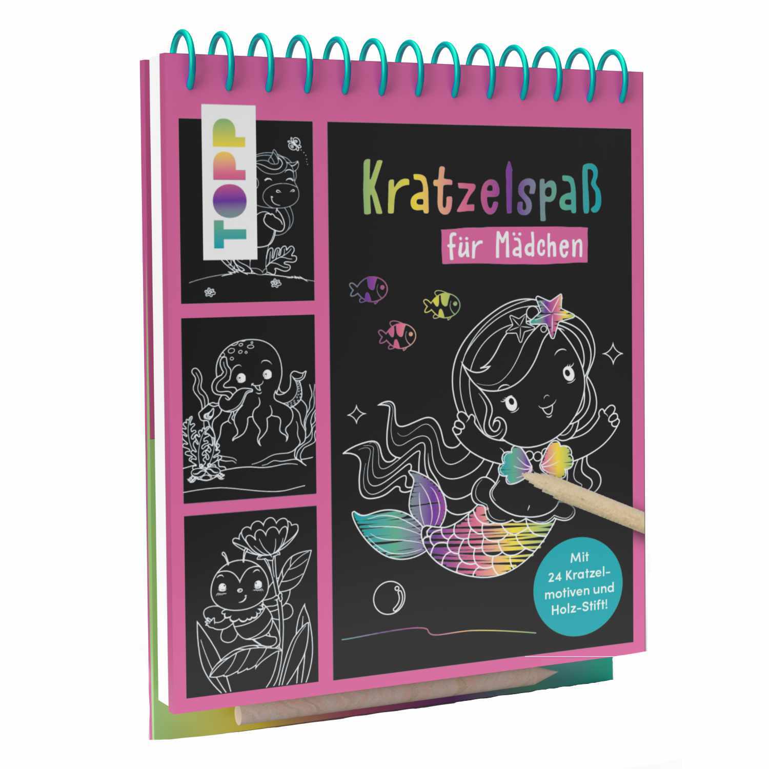 Kratzelspaß für Mädchen: Ein farbenfrohes Kratzbuch von TOPP mit Spiralbindung und Holostift. Ideal für kreative Kinder.