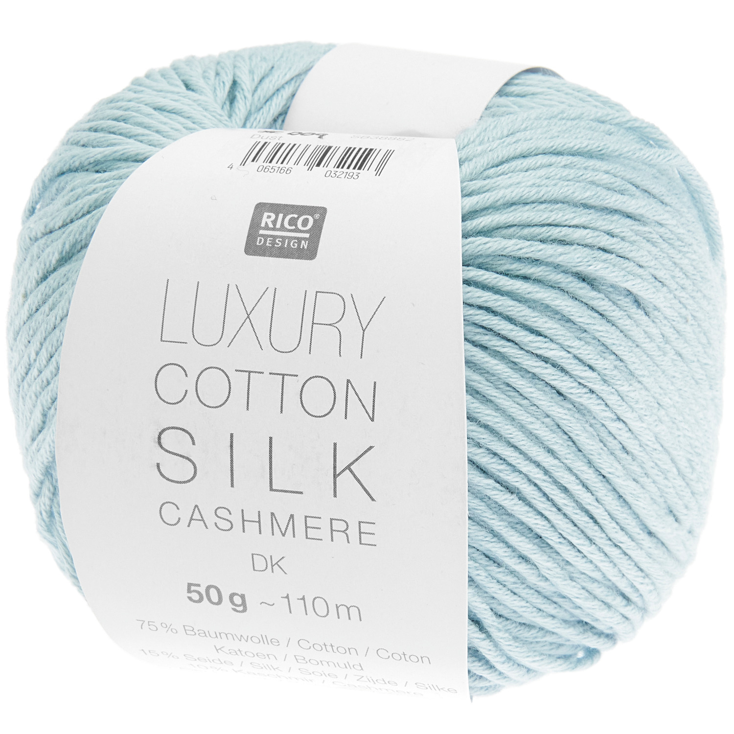 Luxury Cotton Silk Cashmere dk, hellblaues Garn von Rico Design, 50g, 110m, ideal für Strickprojekte.