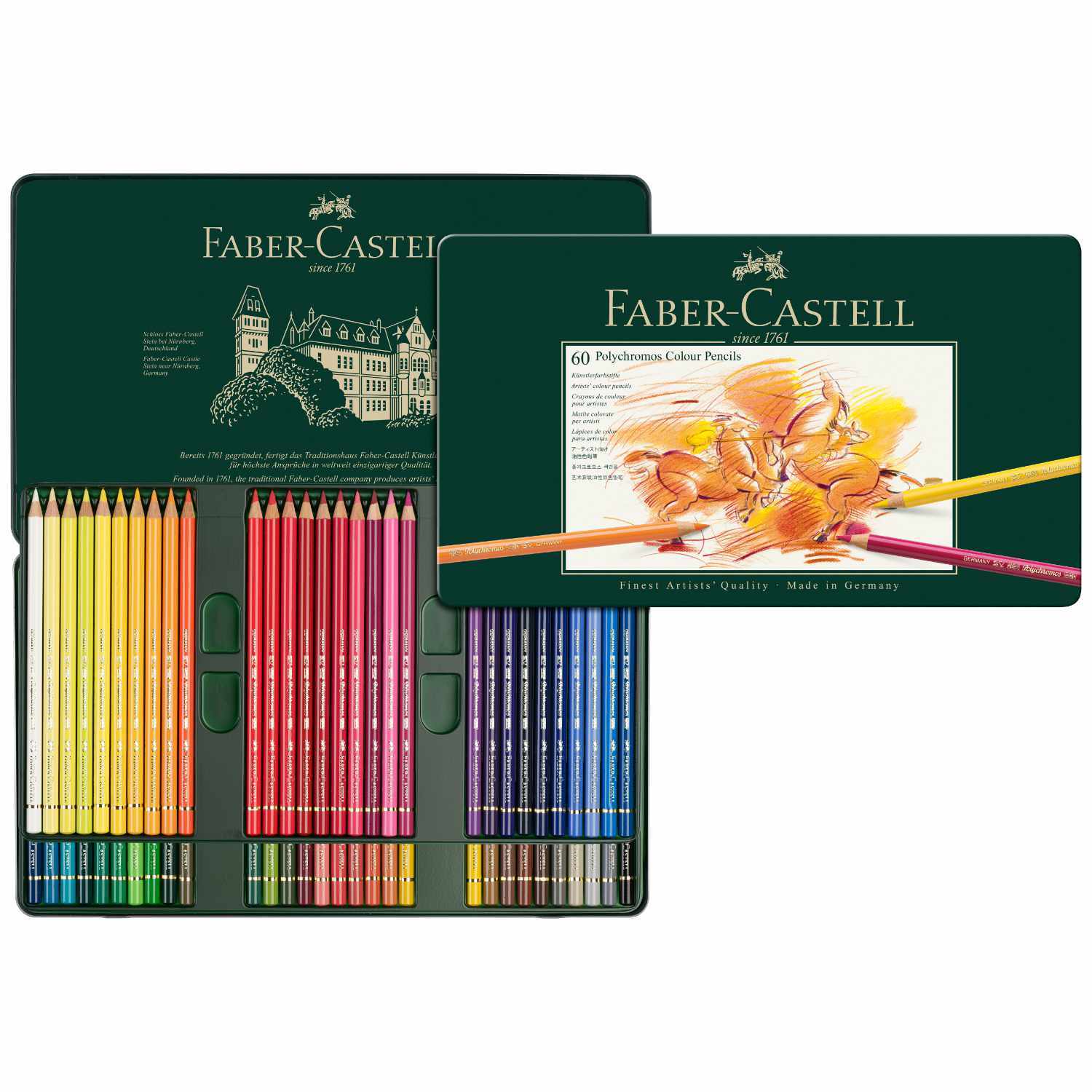 Polychromos Farbstifte Metalletui, 60-teilig von Faber Castell, zeigt bunte Stifte in einem offenen Etui.