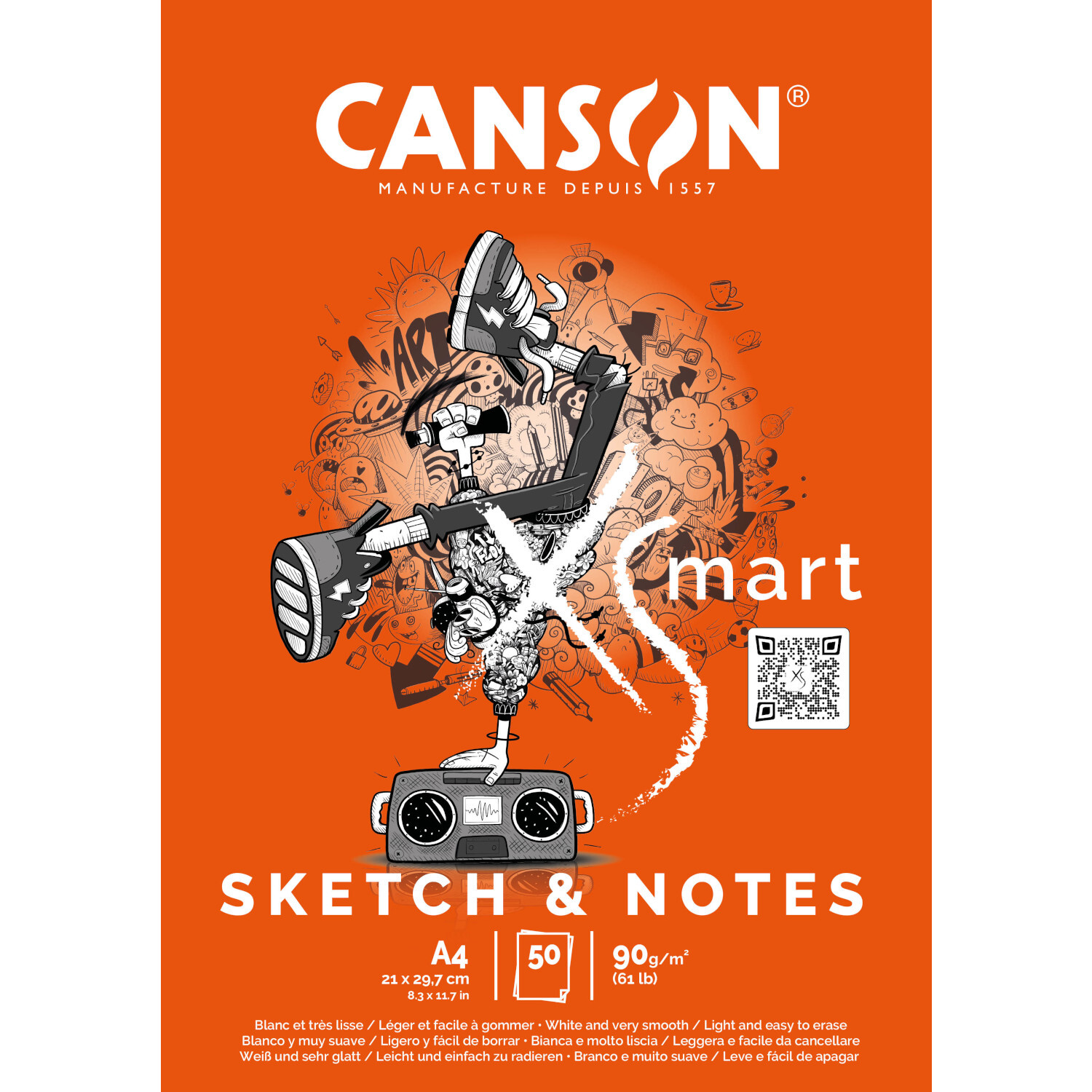 CANXSMART Sketch&Notes Block mit 50 Blatt, DIN A4, 90g/m², auf orangefarbenem Hintergrund mit kreativem Design. Marke: Canson.