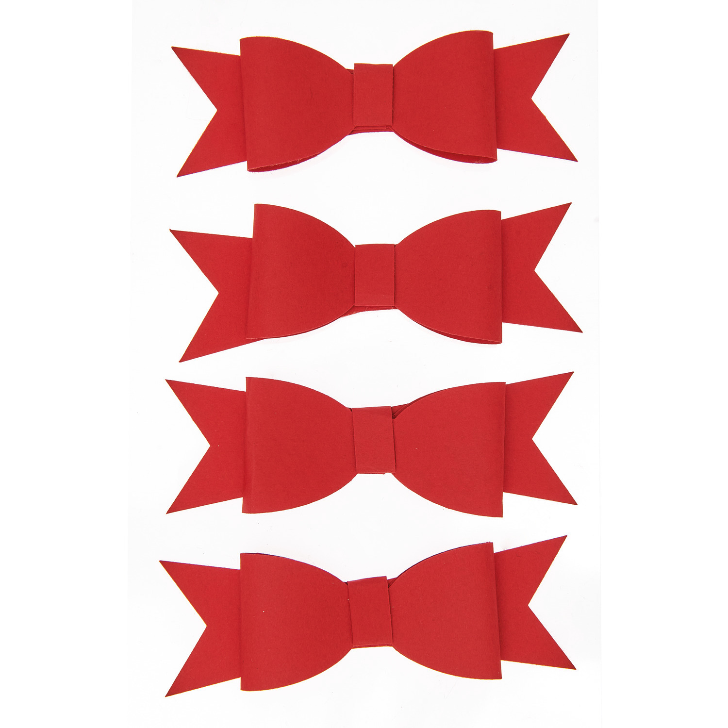 Paper Poetry 3D Sticker Schleifen Rot, 4 Stück. Vier rote Schleifen aus Papier, ideal für kreative Bastelprojekte.