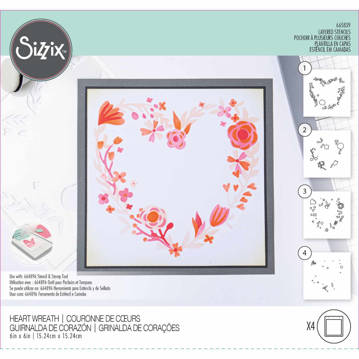 Layered Stencils Heart Wreath von Olivia zeigt ein Herz aus Blumen und Blättern in Rosa und Rot. Ideal für kreative Bastelprojekte.