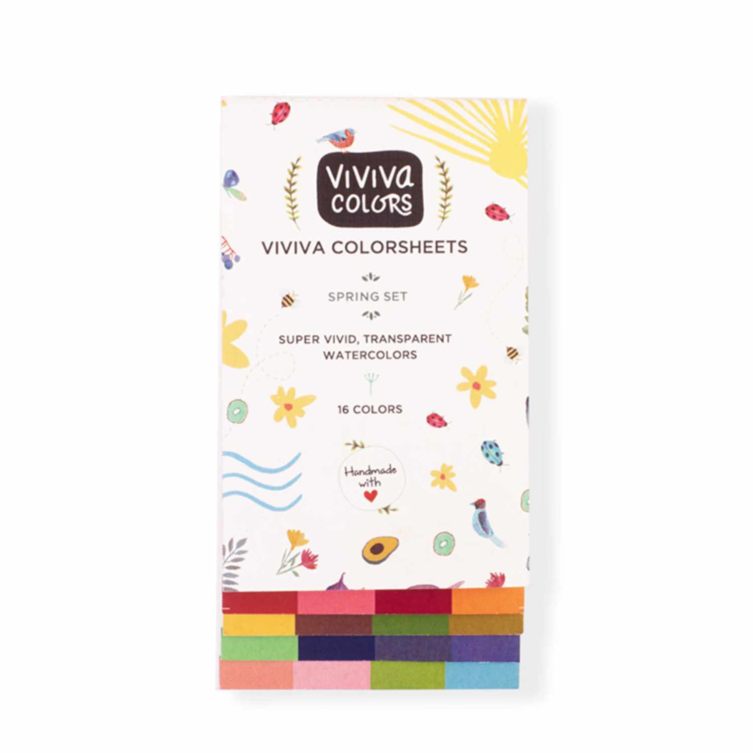 Viviva Colorsheets Spring: Aquarellfarben-Set mit 16 lebendigen, transparenten Farben, ideal für kreative Projekte. Verpackung mit buntem Design.