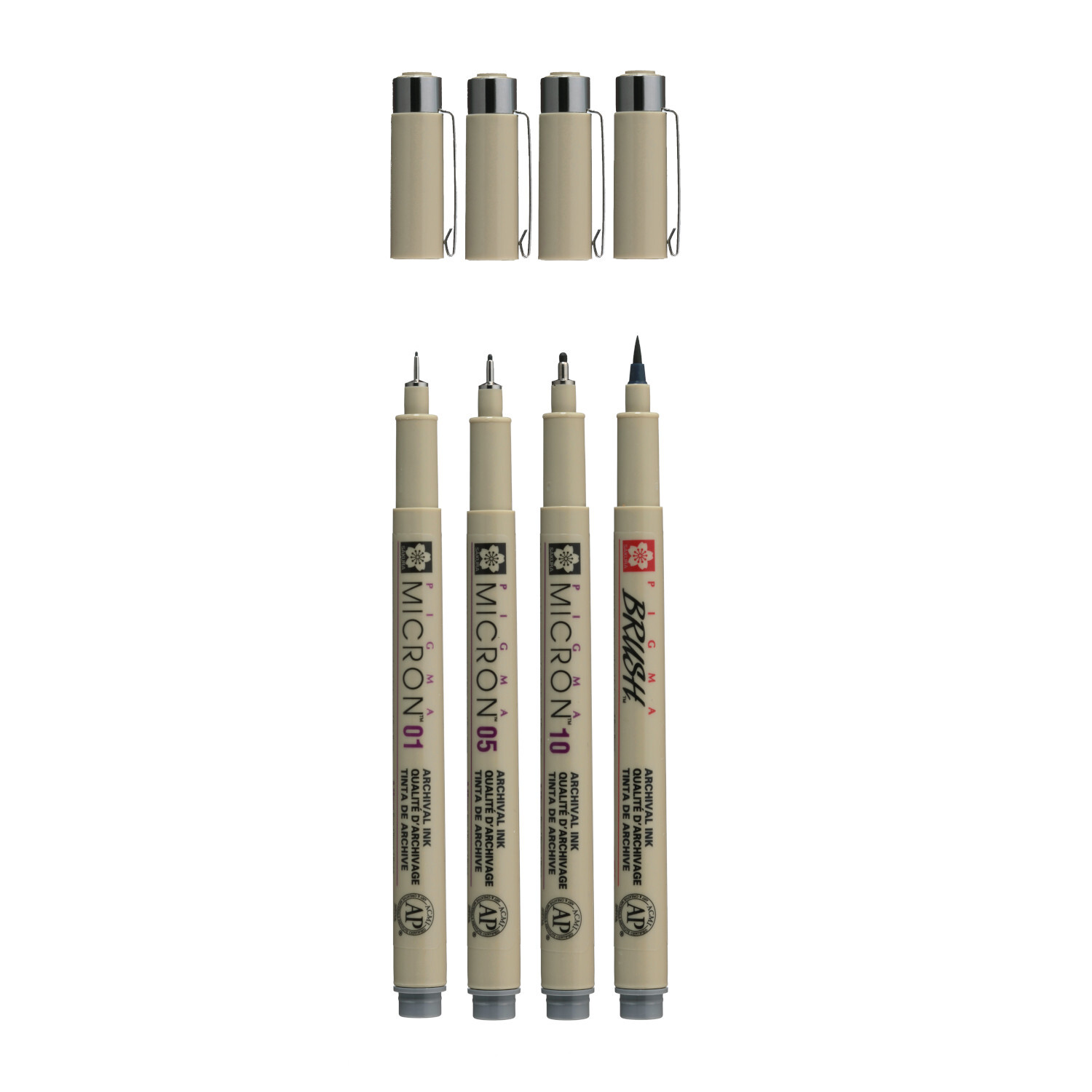 Pigment Liner Sakura Pigma Micron Set Kaltgrau, 4 Stück, zeigt vier Stifte mit feinen Spitzen und abnehmbaren Kappen. Ideal für präzises Zeichnen.