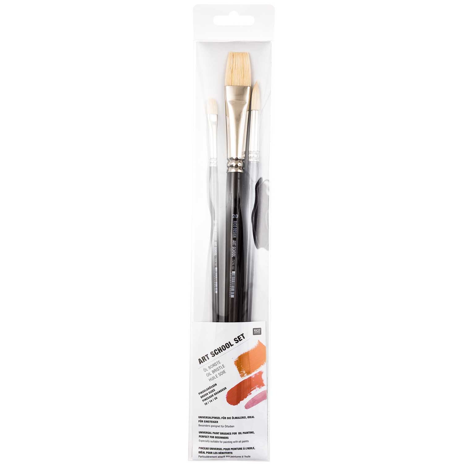 Pinsel Art School Öl Set, 3-teilig von Rico Design, in Verpackung mit verschiedenen Pinselgrößen. Ideal für Ölmalerei.