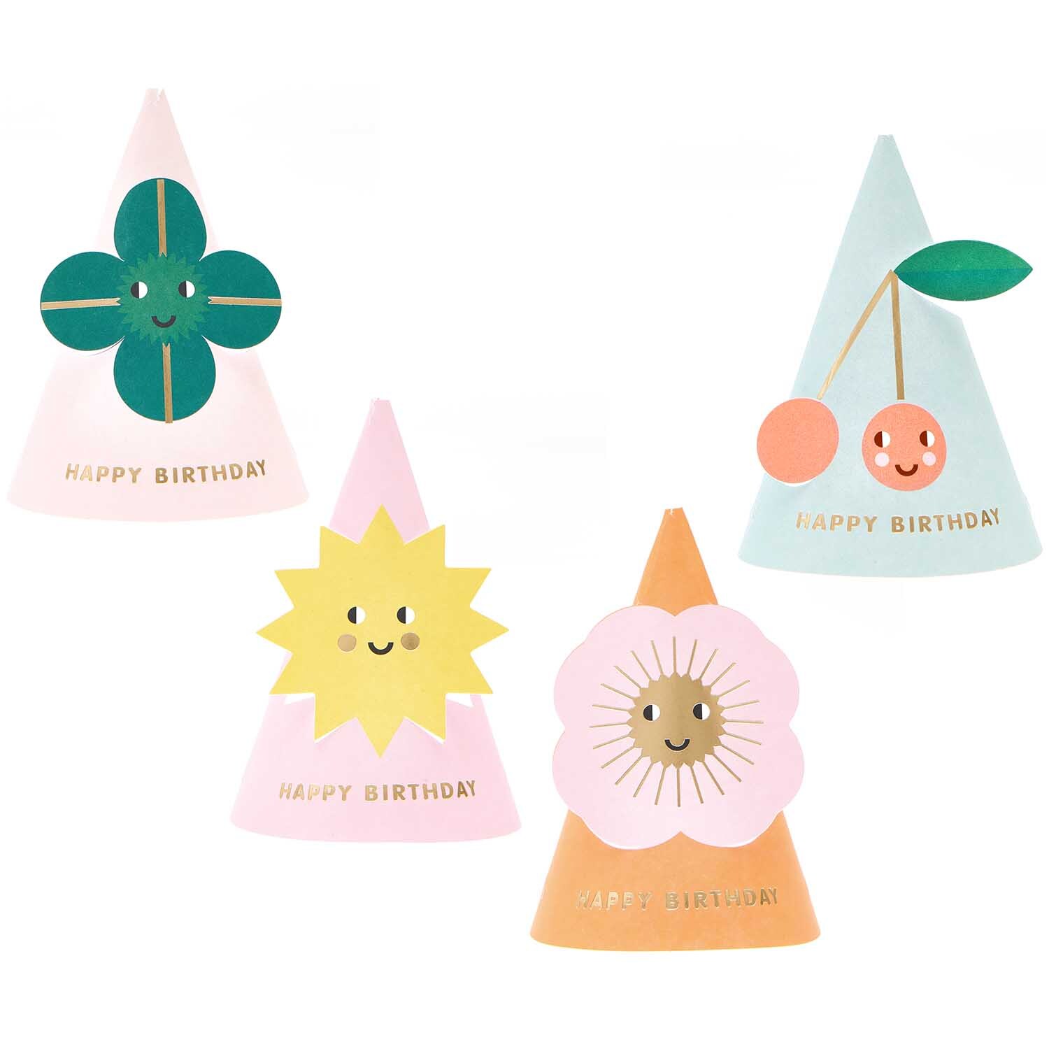 Paper Poetry Mini Partyhüte Happy Birthday 12cm mit fröhlichen Motiven wie Blumen und Früchten. Ideal für Geburtstagsfeiern.
