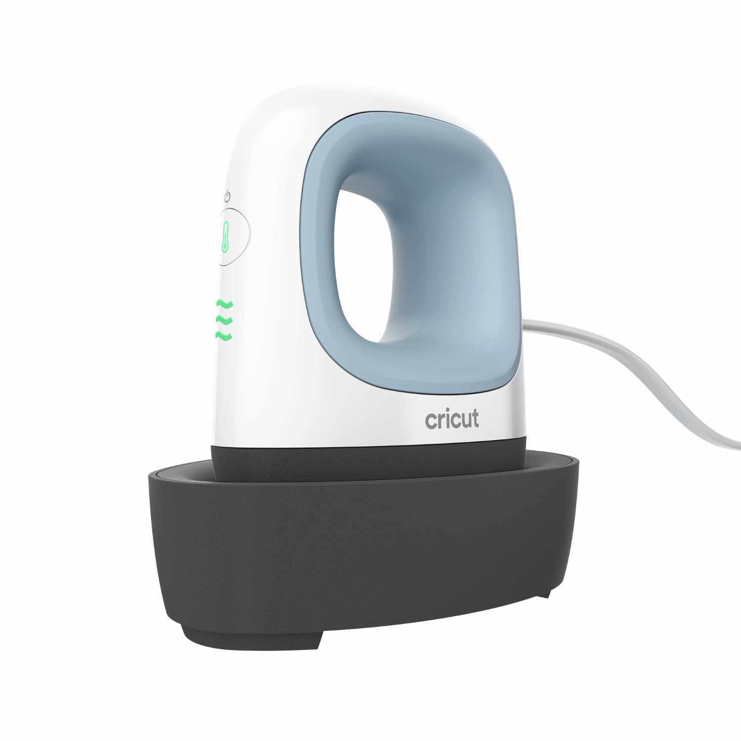 Easypress Mini Zenblue von Cricut: Kompaktes Bügeleisen in Weiß und Blau auf schwarzer Basis. Ideal für präzise Anwendungen.