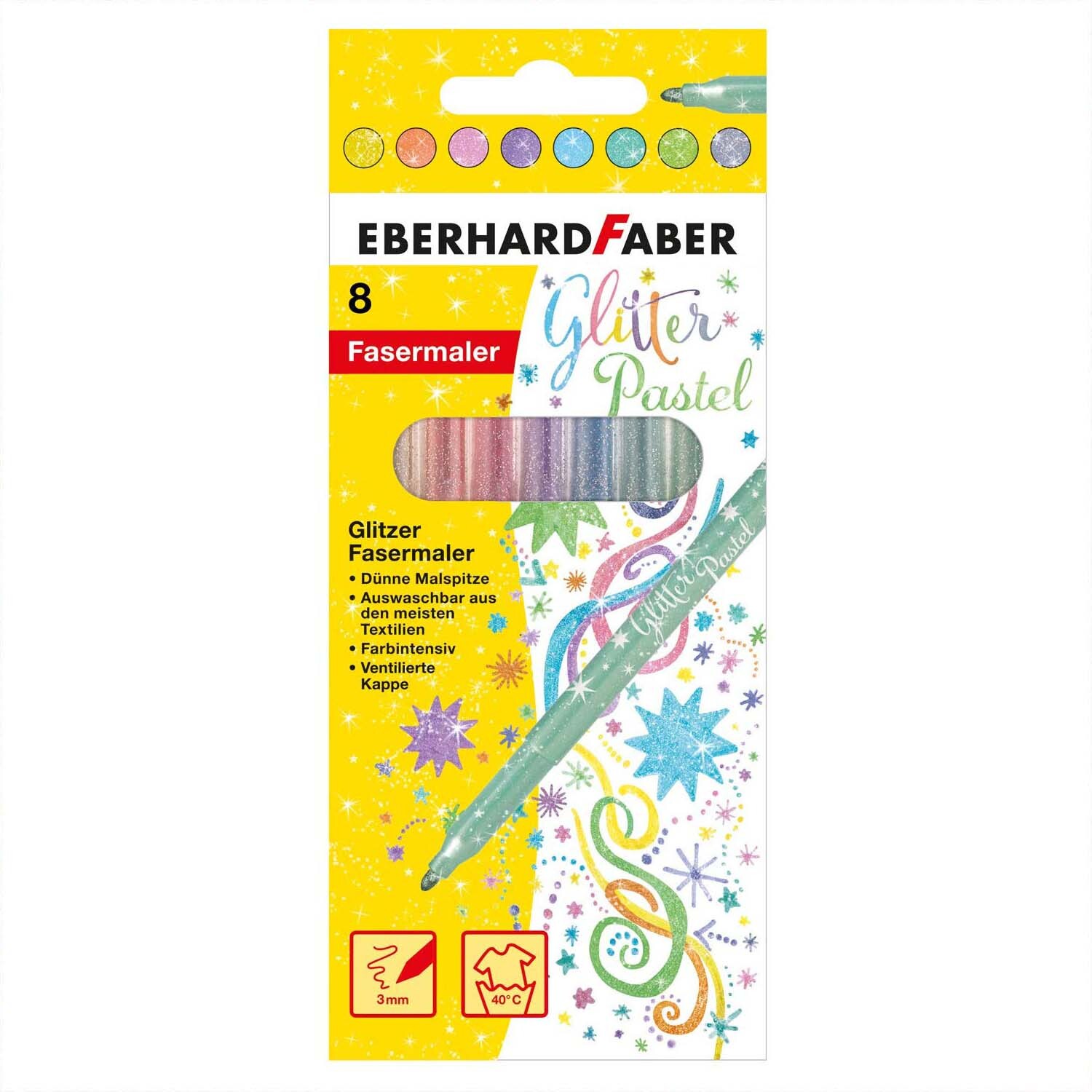 Glitter Fasermaler Pastell 8 Stück von Eberhard Faber in bunter Verpackung mit Stern- und Spiraldesign. Ideal für kreative Projekte.
