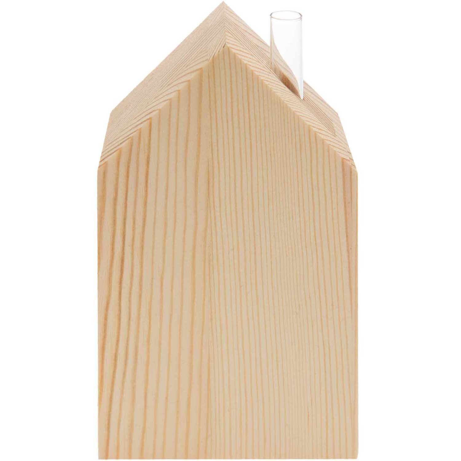 Holz-Haus mit kleiner Glasvase von Rico Design, ideal als dekoratives Element für moderne Innenräume.
