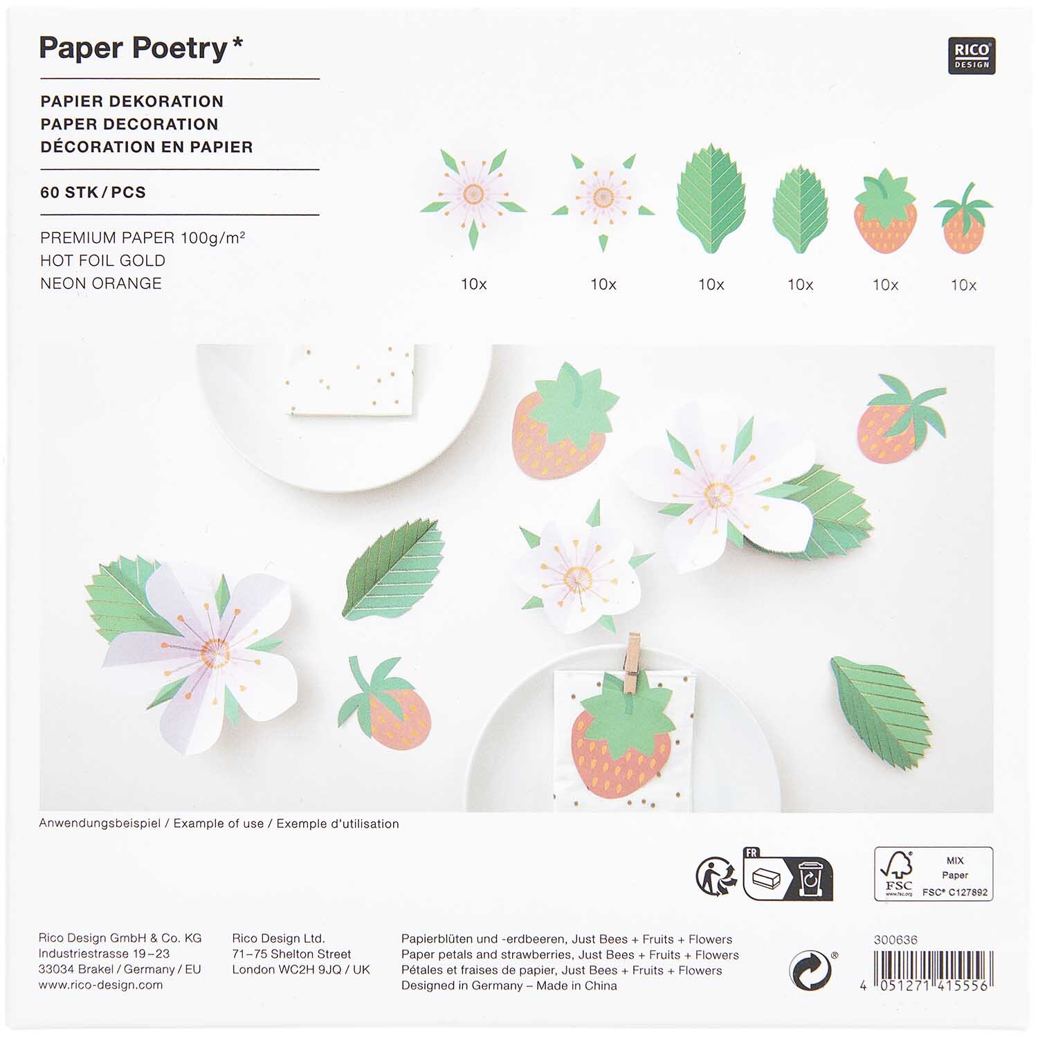 Paper Poetry Papierdekoration zeigt Erdbeeren und Blüten in zarten Farben, ideal für kreative Bastelprojekte. Enthält 60 Stück von Rico Design.