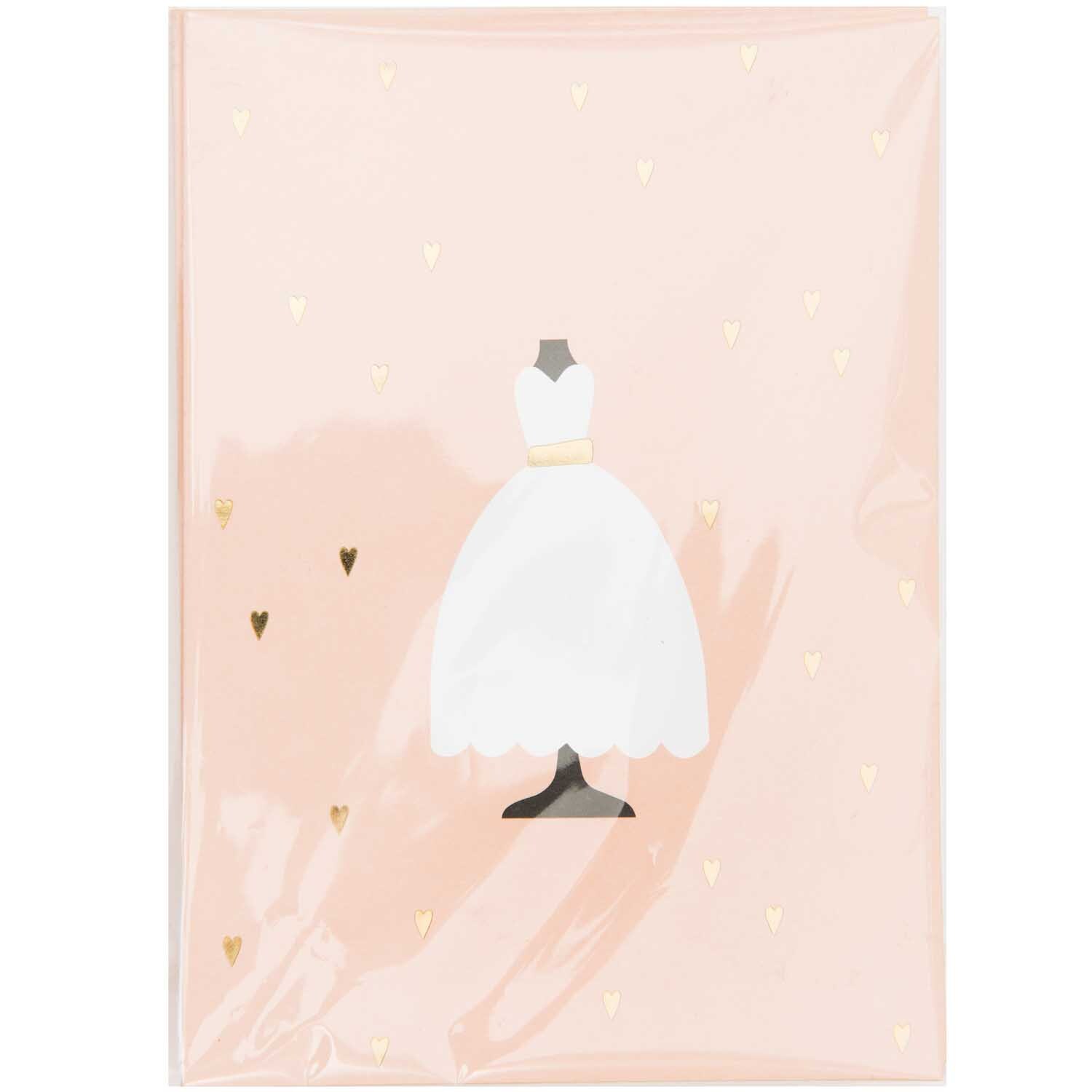 Paper Poetry Karten Brautkleid zeigt ein elegantes Brautkleid auf rosa Hintergrund mit goldenen Herzen.