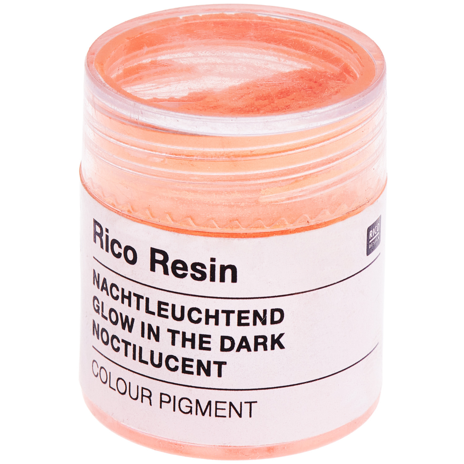 Farbpigmente für Resin Neon nachtleuchtend in einem 5ml Behälter von Rico Design, leuchtend orange.