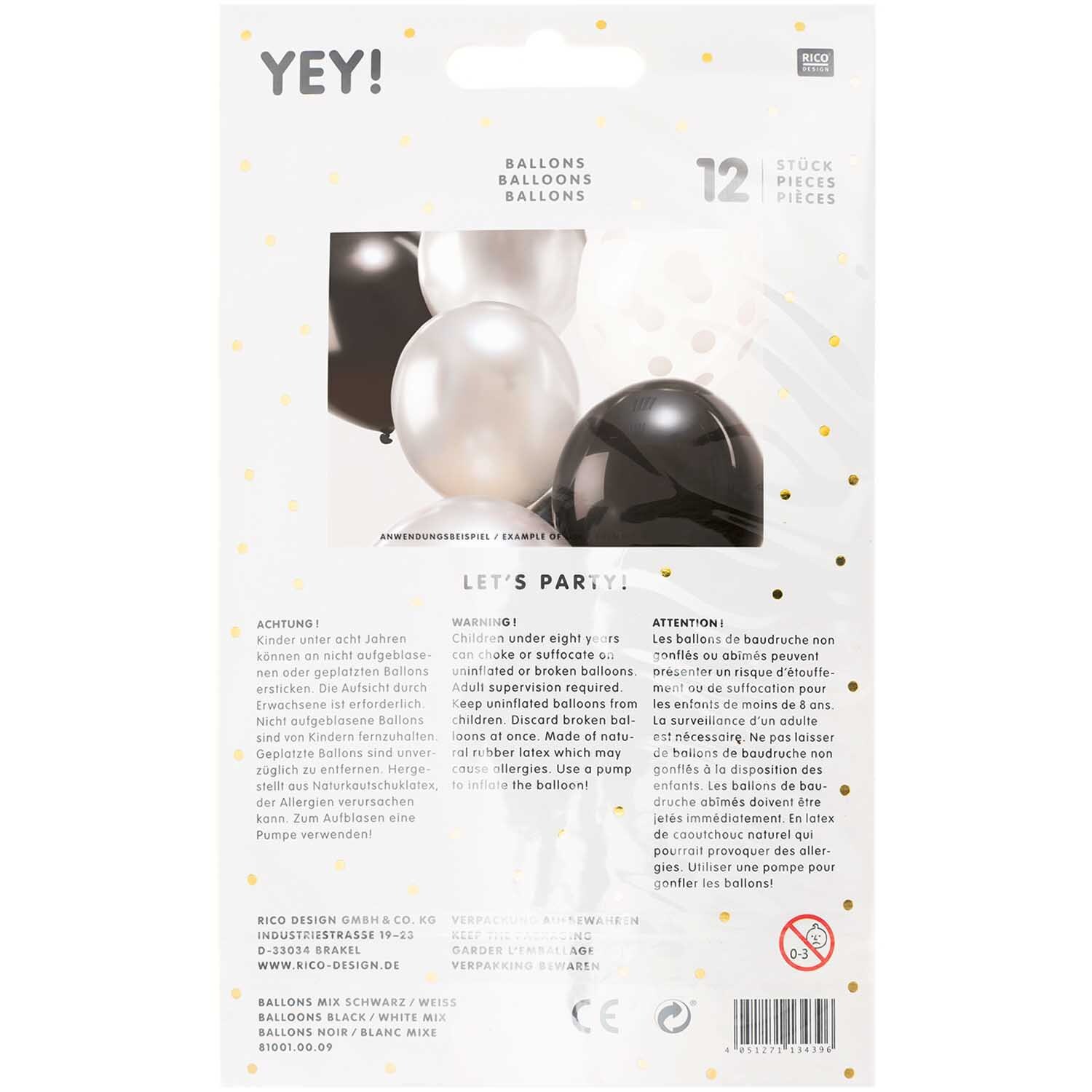 Luftballon Mix schwarz-weiß 30cm 12 Stück von Rico Design. Abgebildet sind schwarze und weiße Ballons in einer Verpackung. Ideal für Partys.