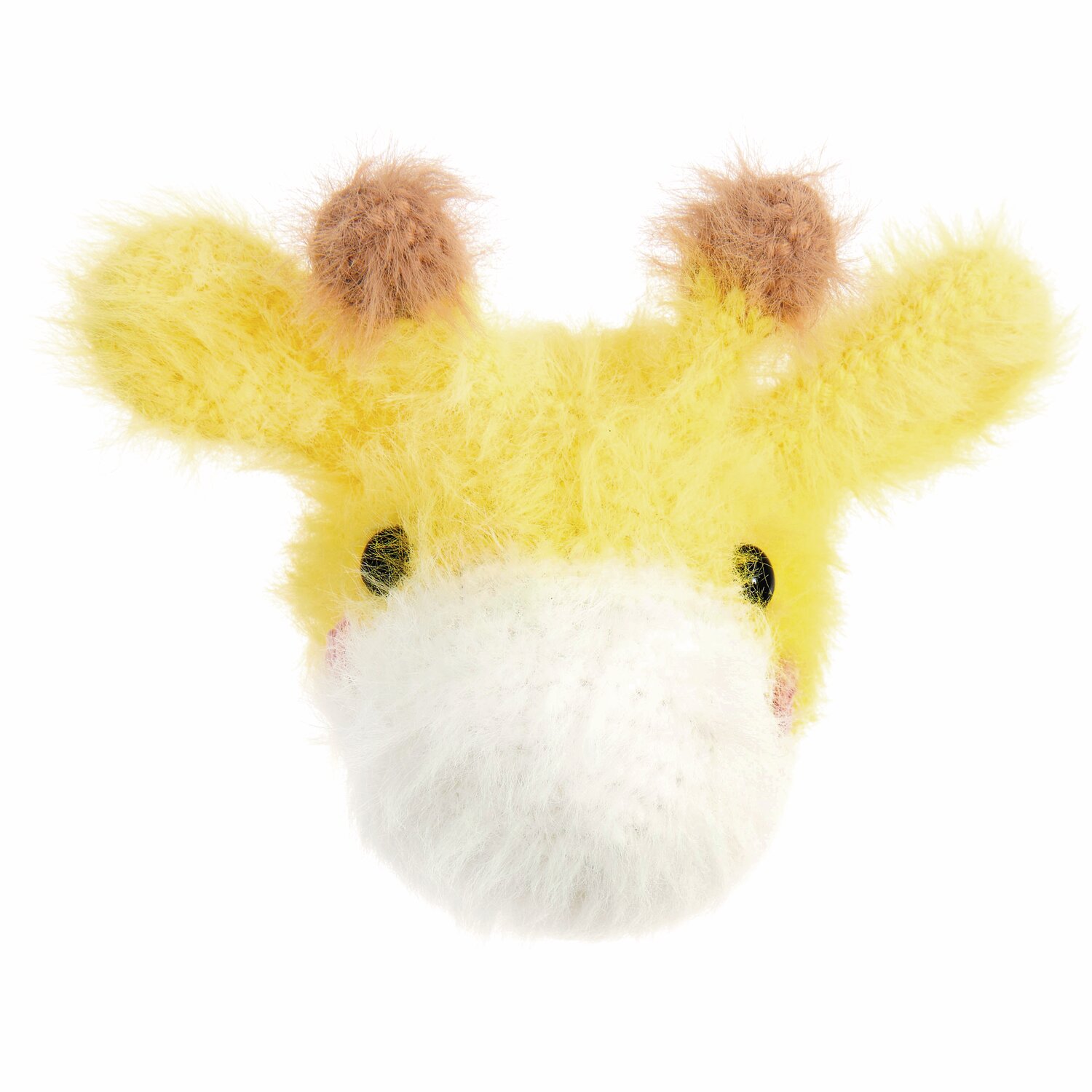 Ricorumi Furry Animals: Gelbes, flauschiges Giraffenkopf-Amigurumi mit schwarzen Sicherheitsaugen und weißen Details. Ideal für kreative Projekte.