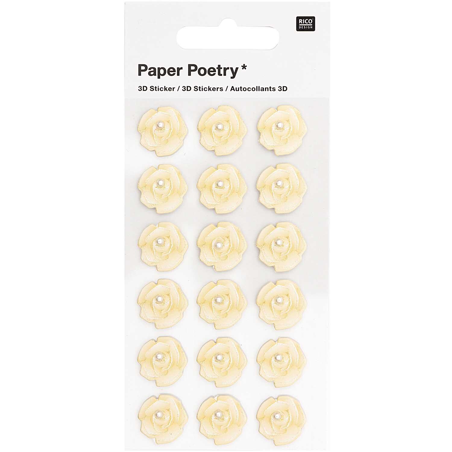 Paper Poetry 3D-Sticker zeigen weiße Rosen mit Perlen, 18 Stück, von Rico Design auf einer Karte.