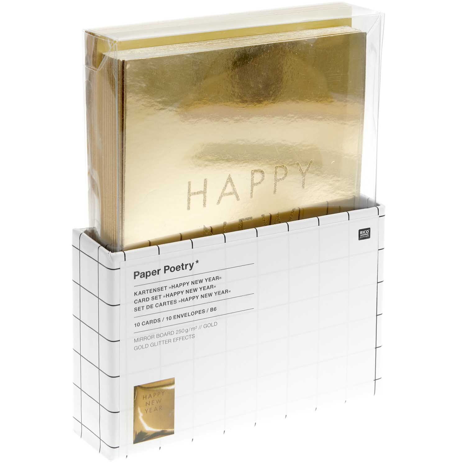 Paper Poetry Kartenset Happy New Year: 20-teiliges Set mit goldenen Karten und Umschlägen von Rico Design.