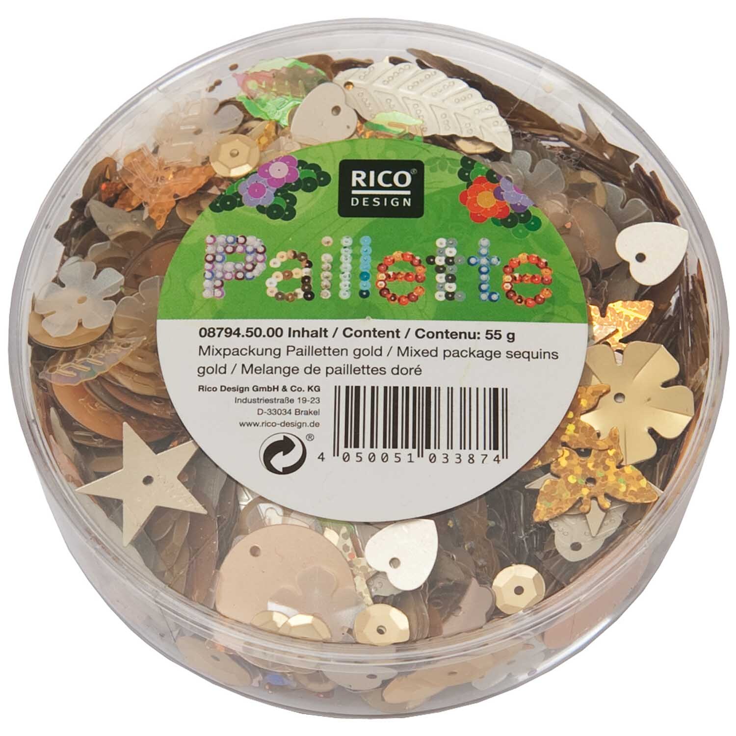 Pailletten Mix gold 55g von Rico Design in einer runden, transparenten Verpackung mit goldenen und bunten Pailletten.
