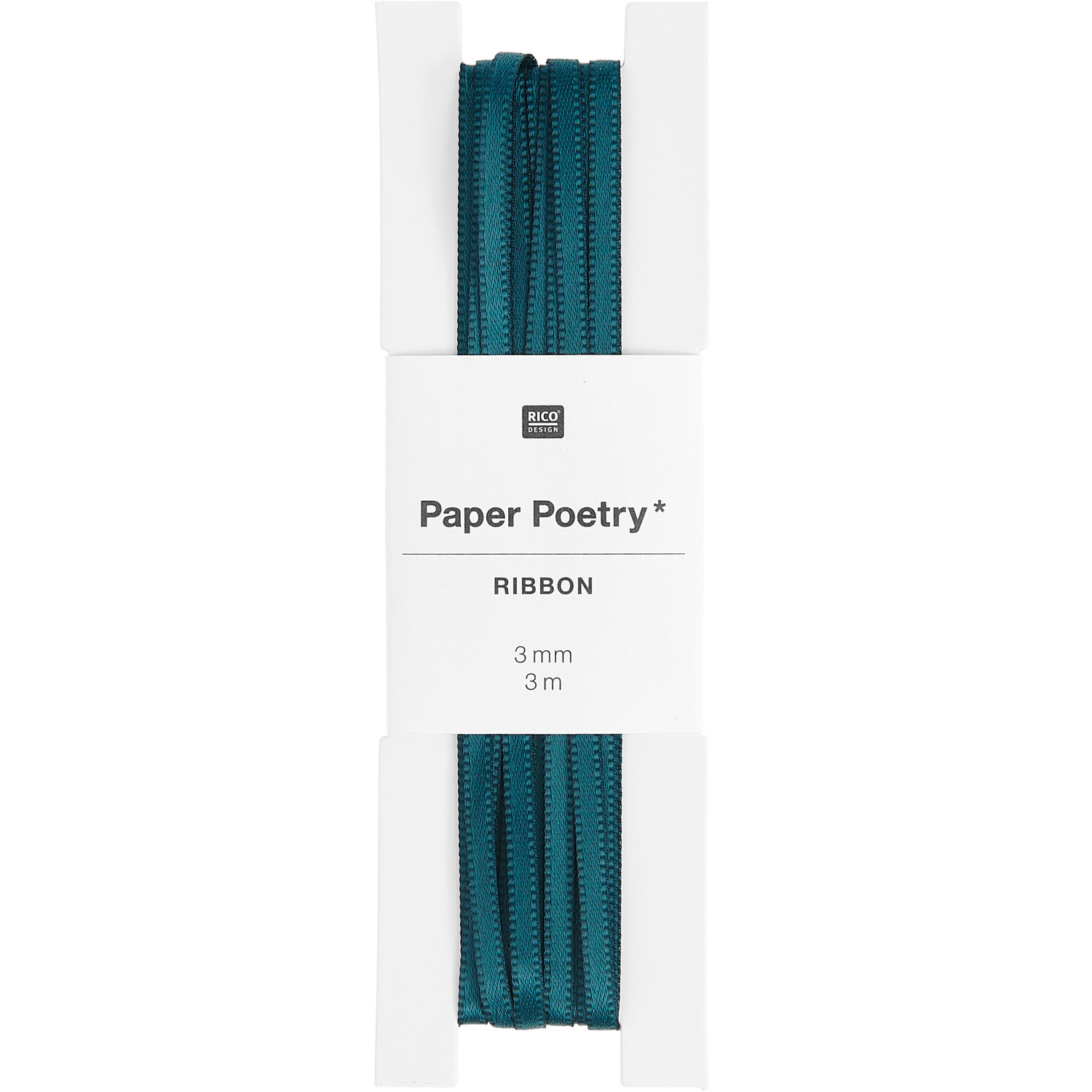 Paper Poetry Satinband 3mm 3m in Türkis von Rico Design, auf einer weißen Verpackung präsentiert. Ideal für kreative Projekte.